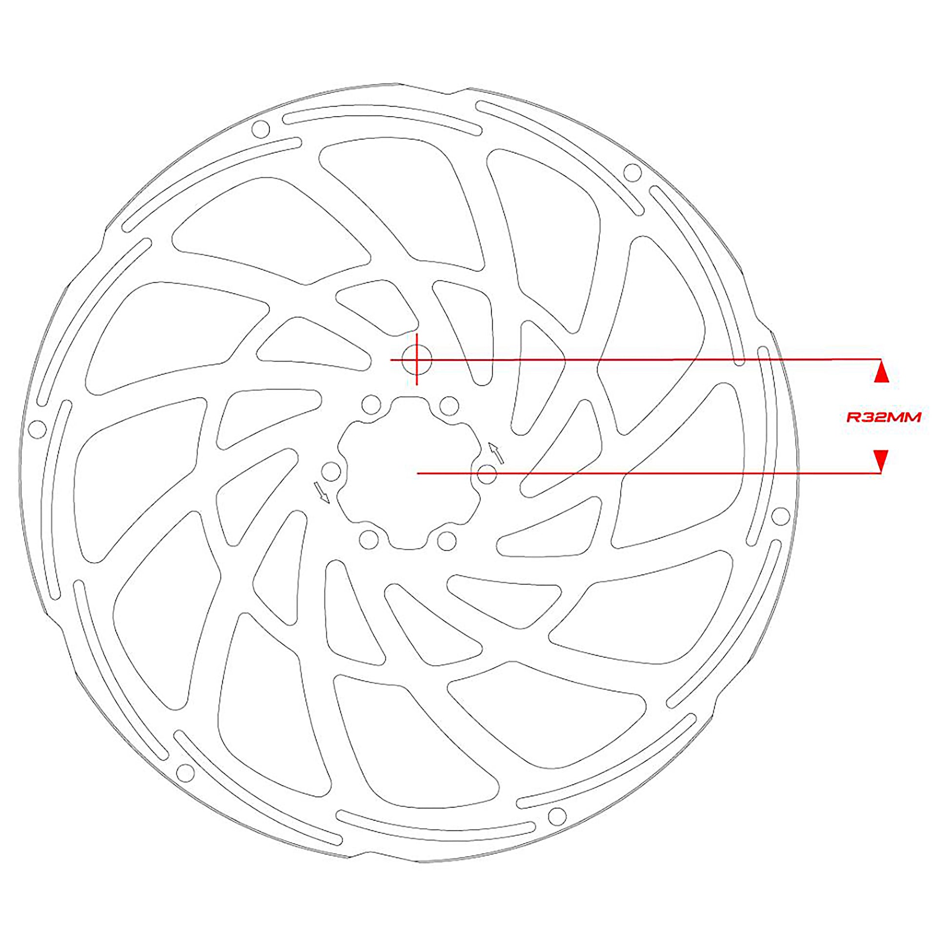 Technical drawing of a disc brake rotor with measurements on a white background