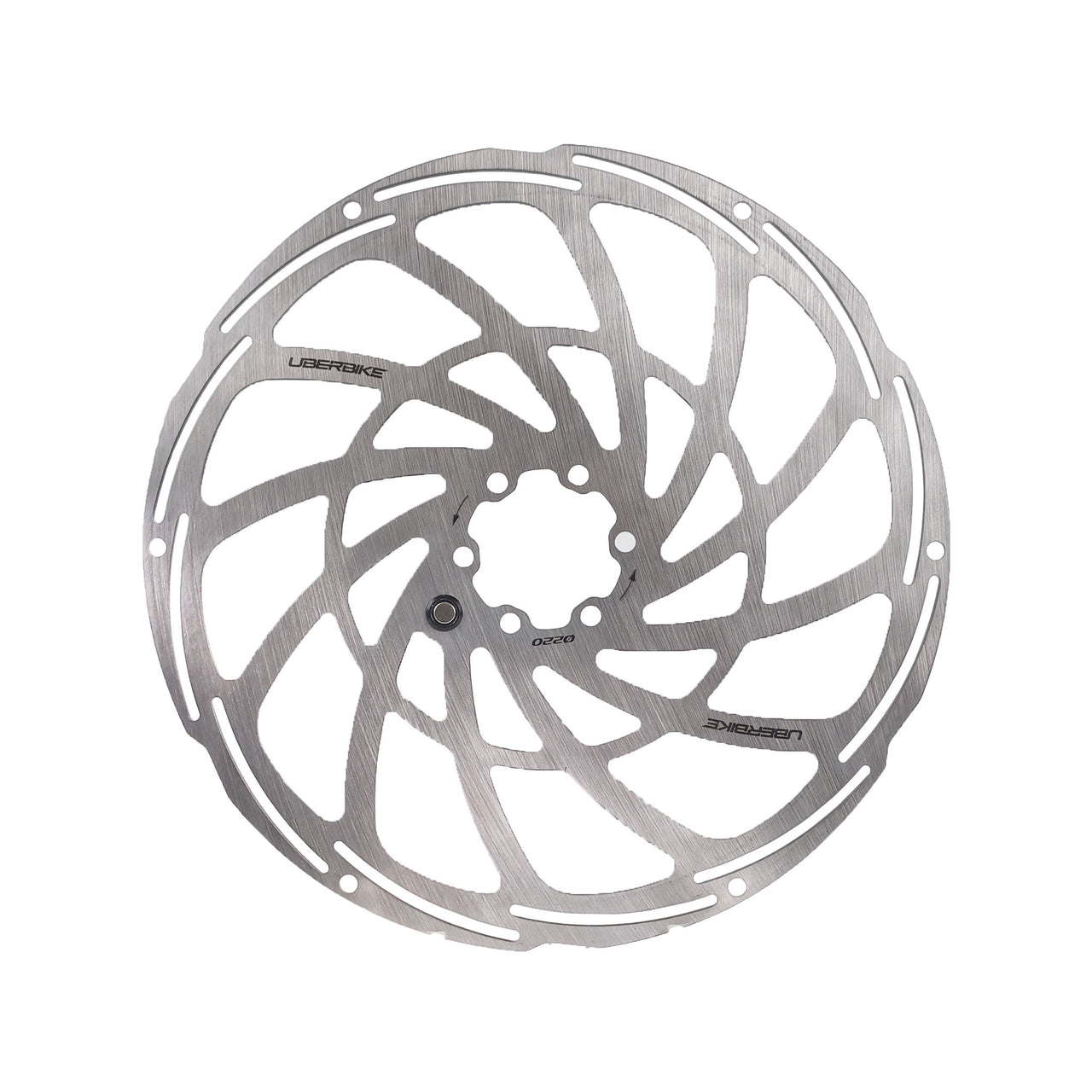 220mm disc brake rotor and speed sensor magnet with Uberbike branding on a white background
