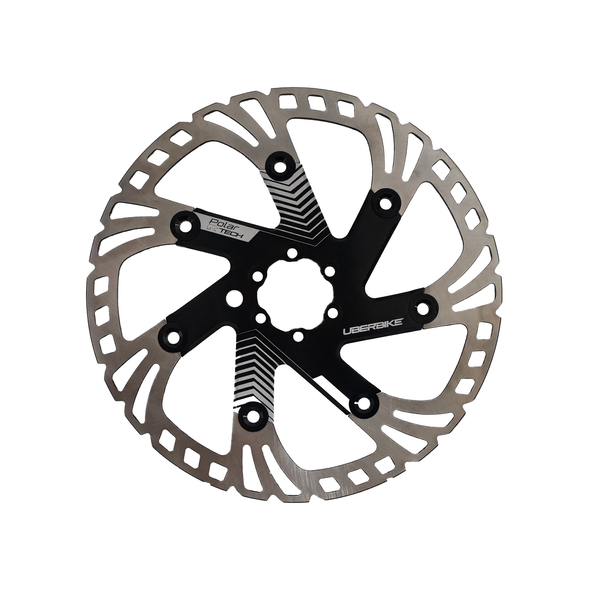 220mm disc brake rotor in black and stainless steel on a white background