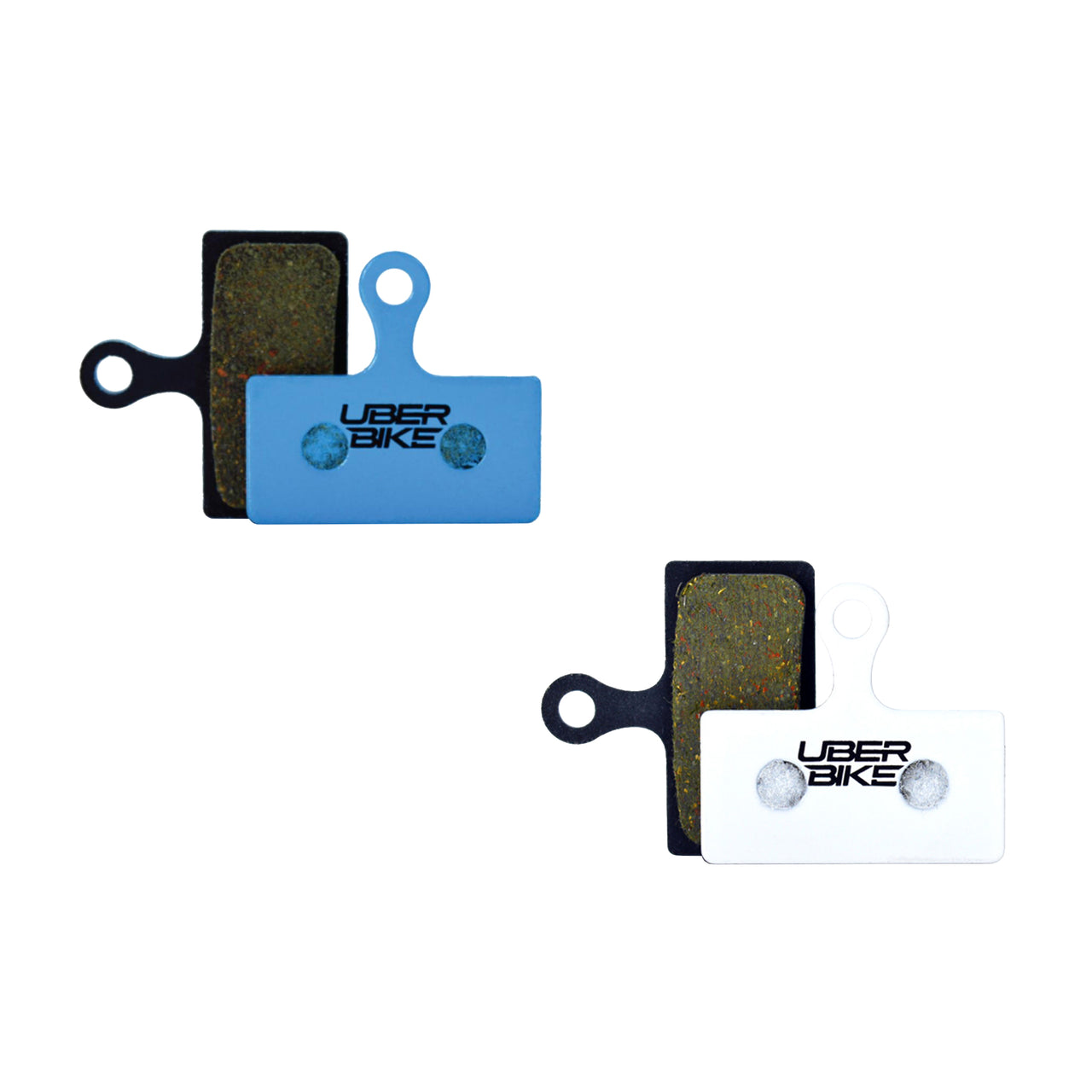 Two sets of Uberbike brake pads on a white background.