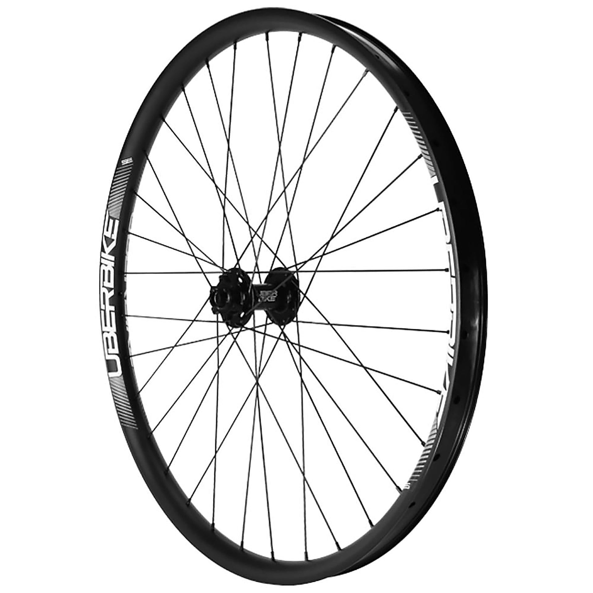 Uberbike wheel with black rim and spokes on a white background.