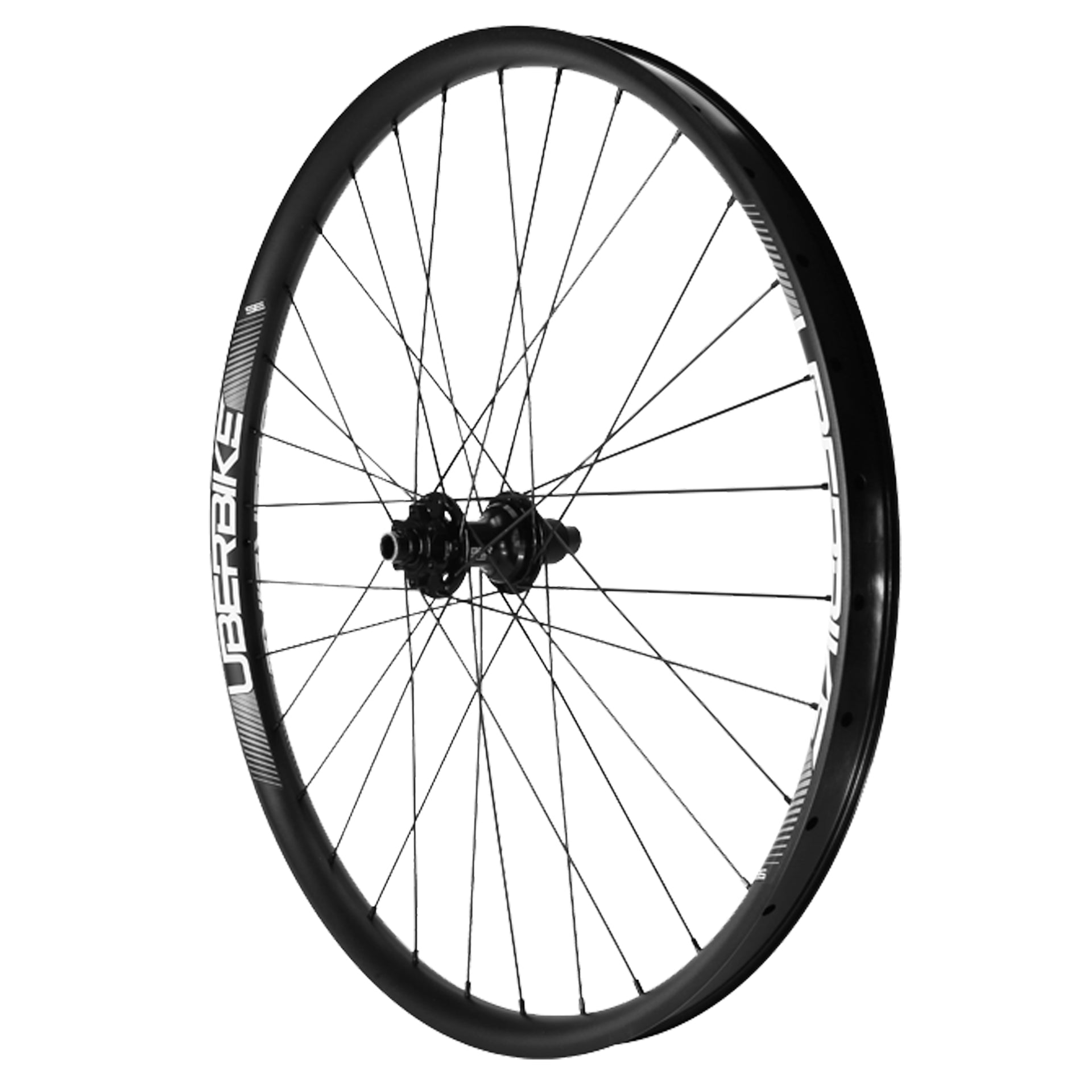 Rear bicycle wheel with black rim and spokes on a white background