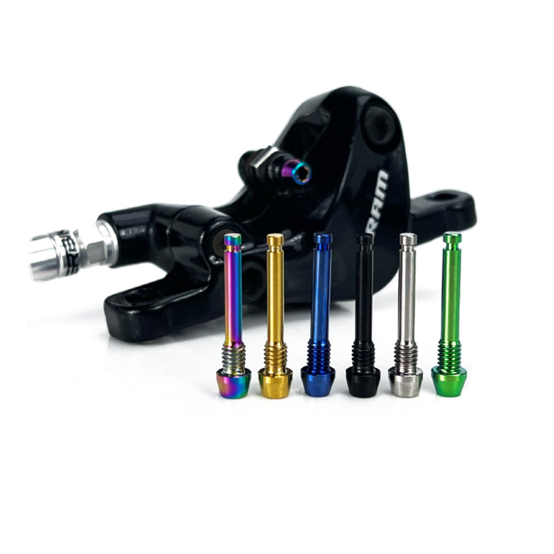 6 different colour titanium disc brake pad retaining pins on a white background