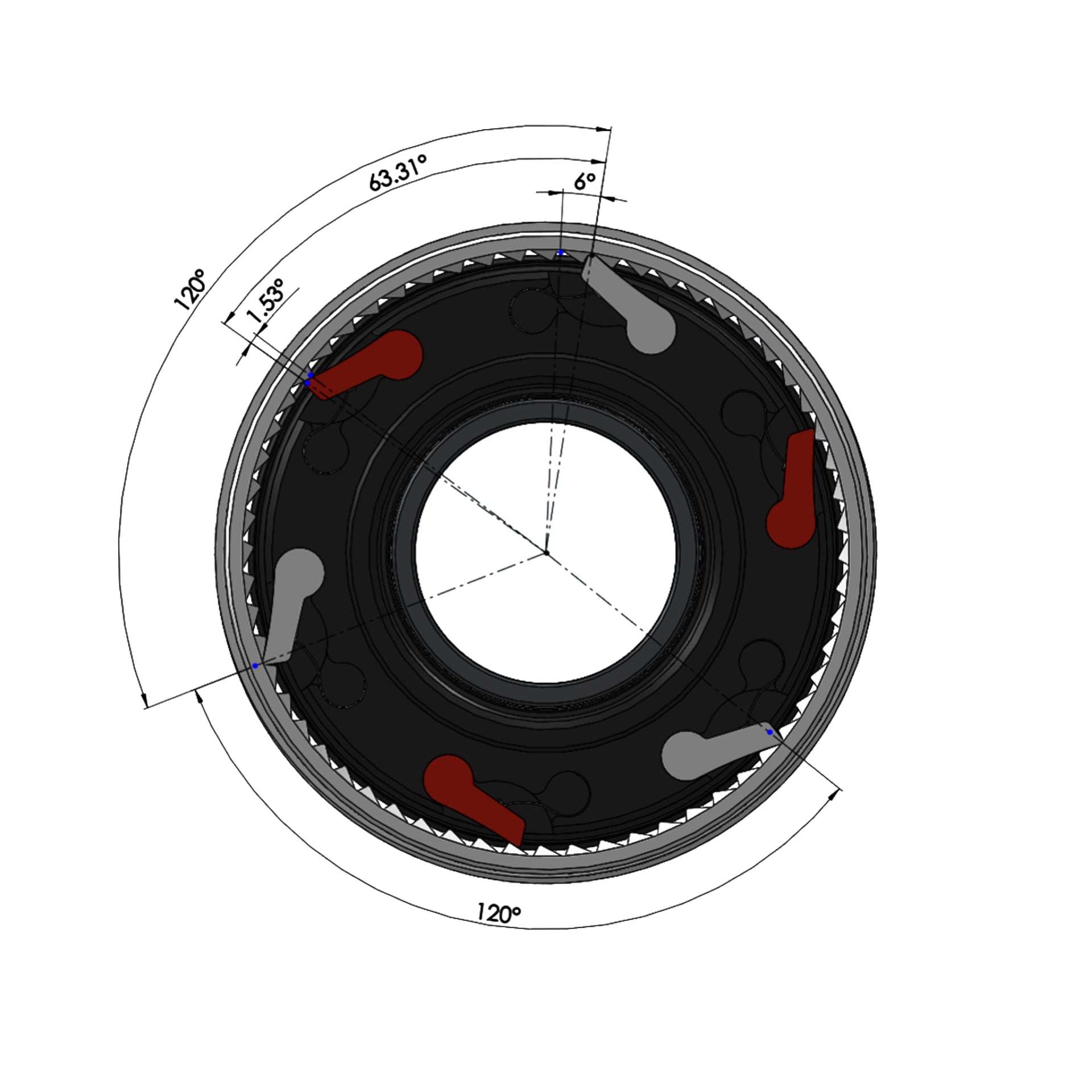 Diagram of a freehub with 6 pawls on a white background