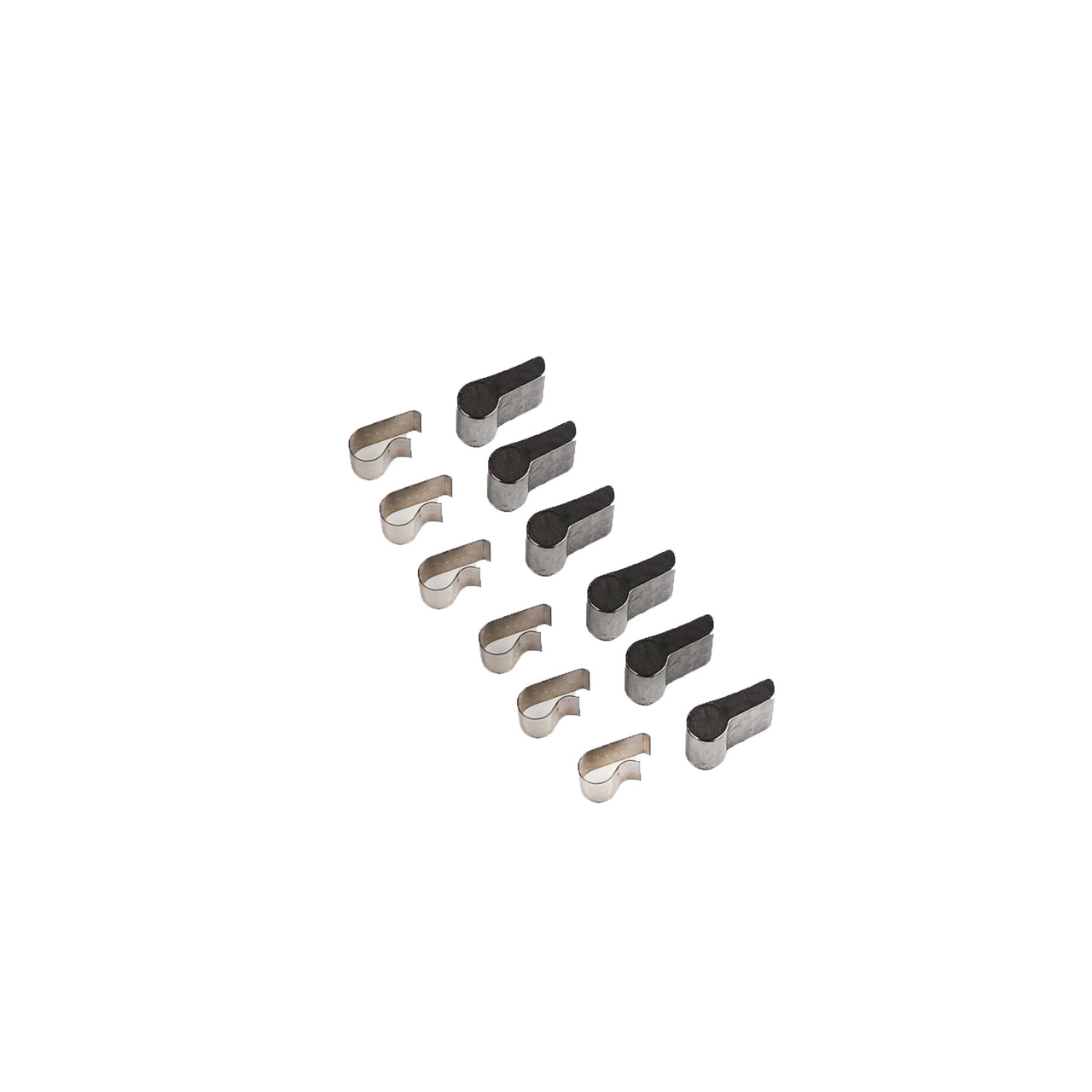 Set of metal clips and pawls on a white background