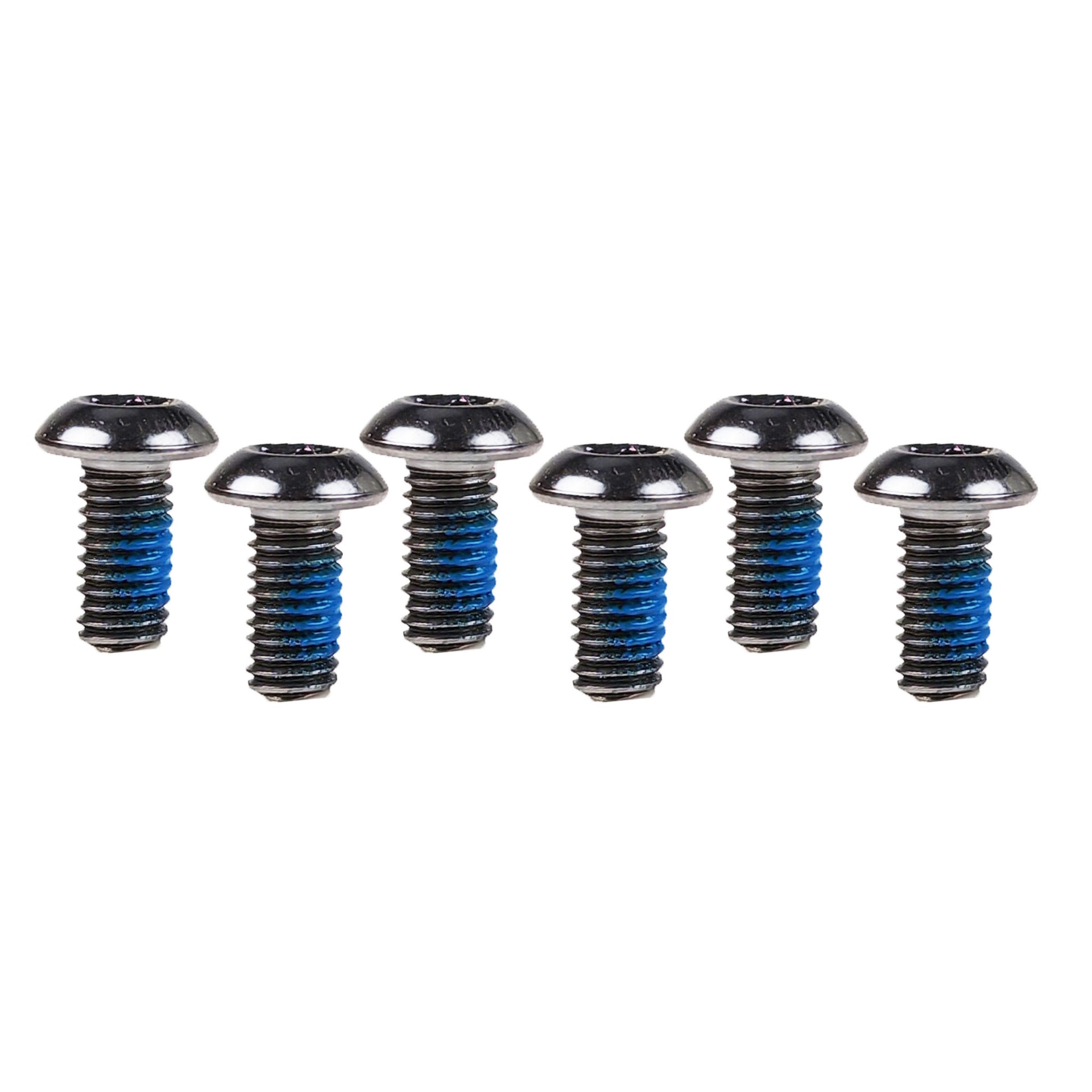 6 steel disc rotor bolts on a white background