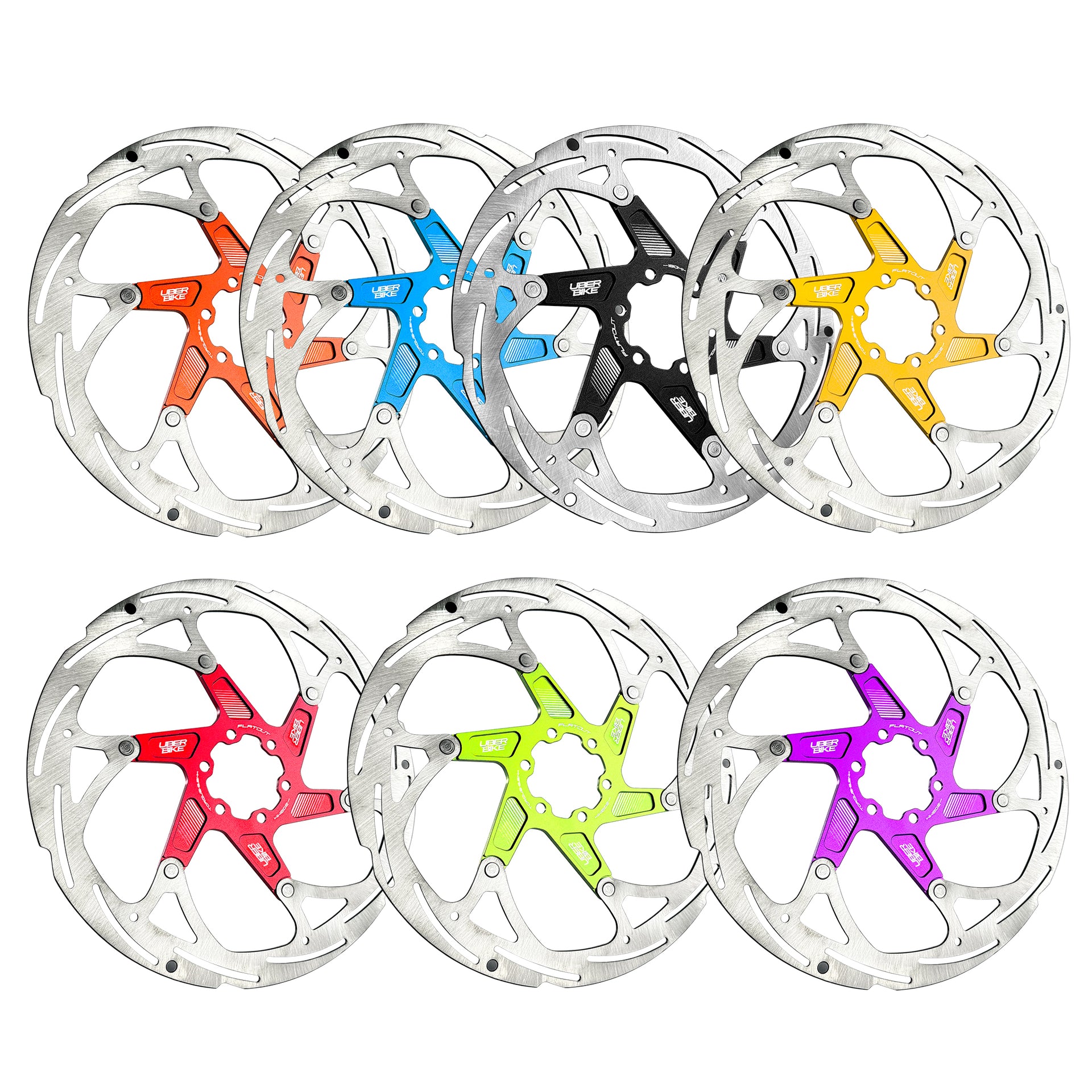 7 different colour rotors with uberbike branding on a white background