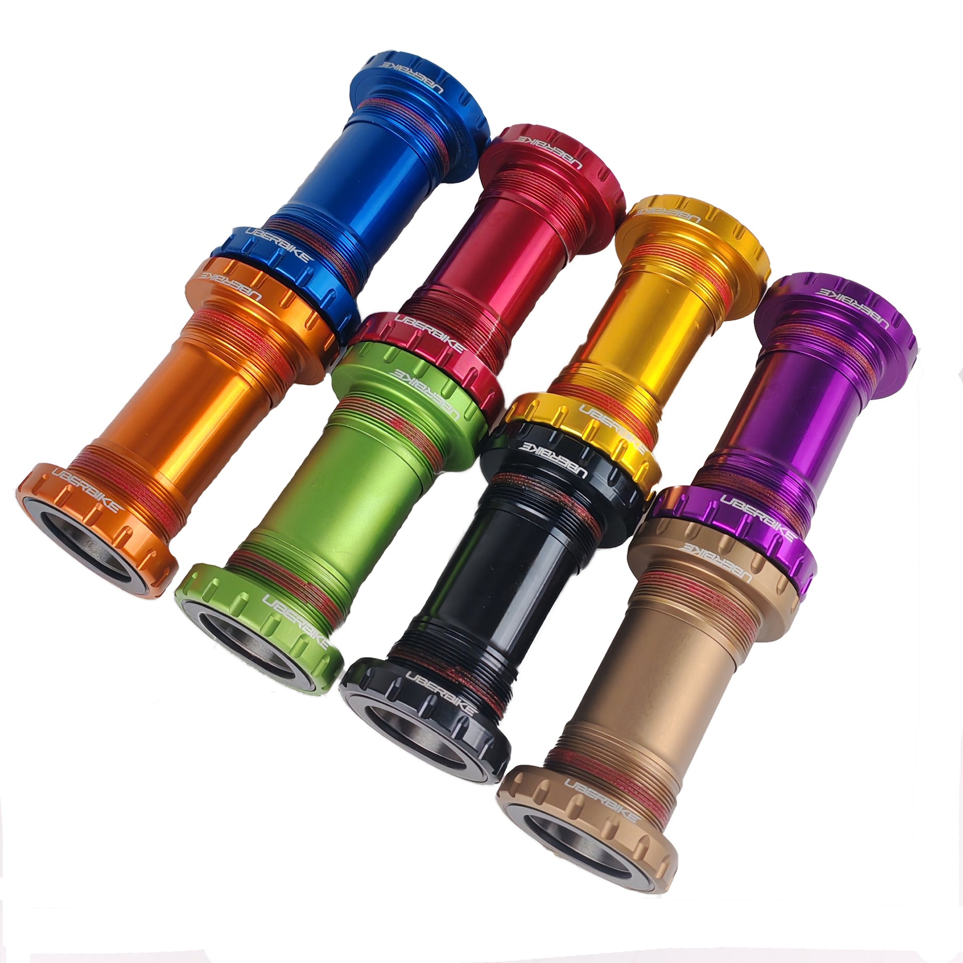 8 various coloured bottom brackets lined up on a white background