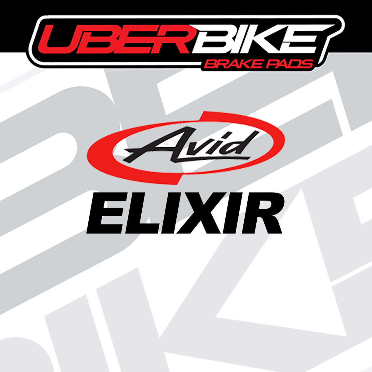 A graphic listing image showing two brake pad logos: 'UBERBIKE BRAKE PADS' at the top and 'Avid Elixir BRAKE PADS' in the center, on a white and light gray background with a faint large logo pattern
