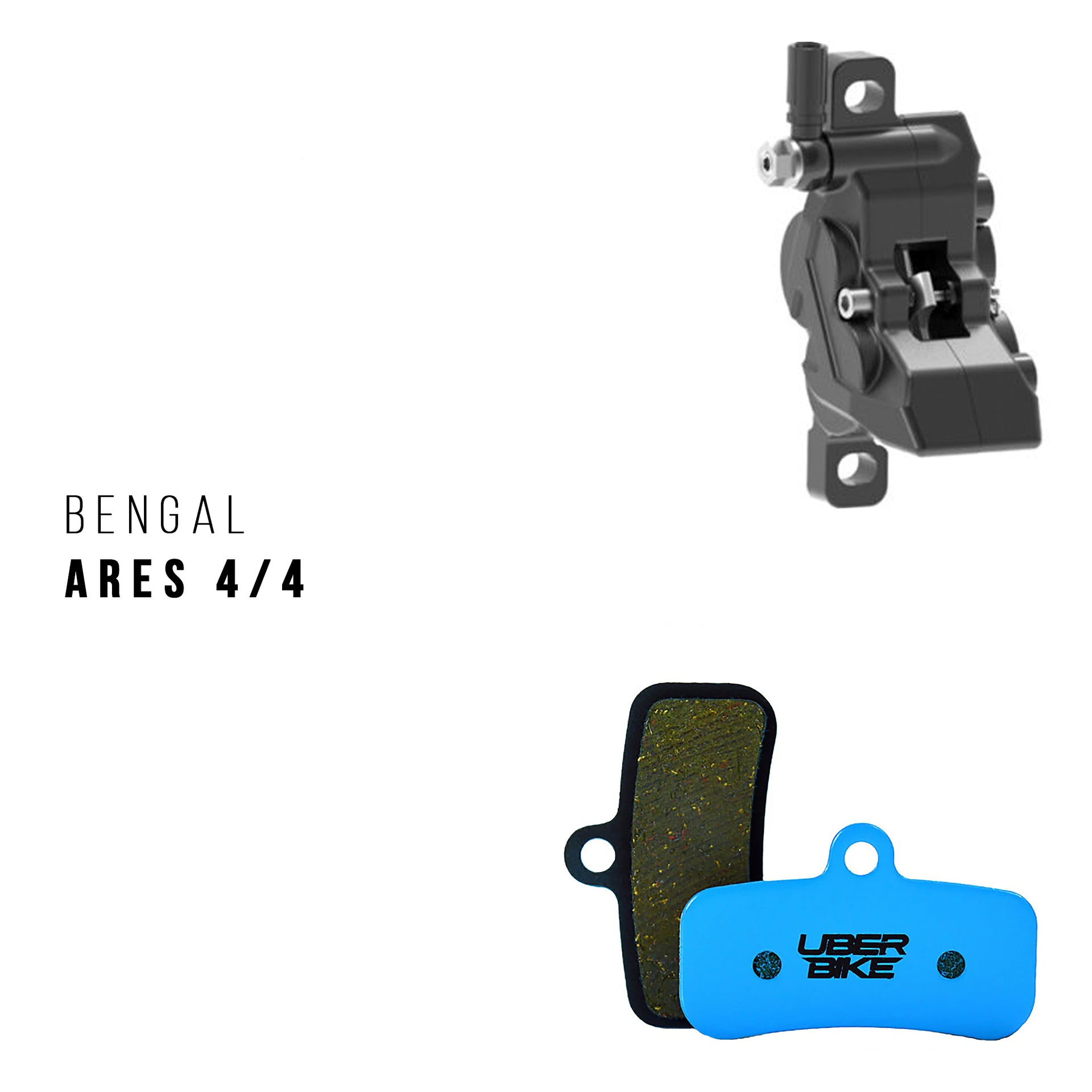 Bengal Ares 4 / 4 brake caliper with Uberbike branded brake pads on a white background