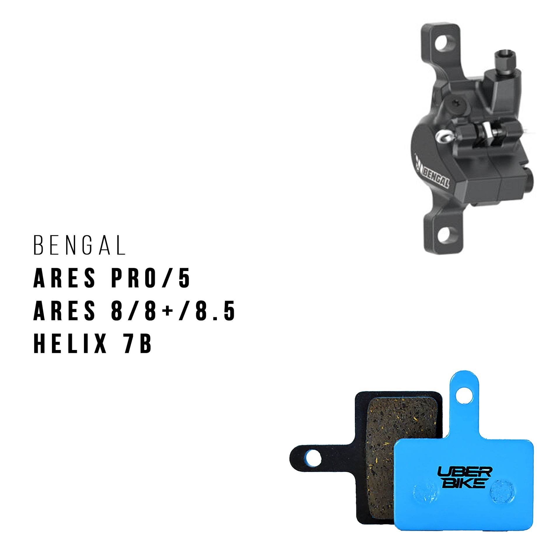 Bengal Ares Pro brake caliper with Uberbike branded brake pads on a white background