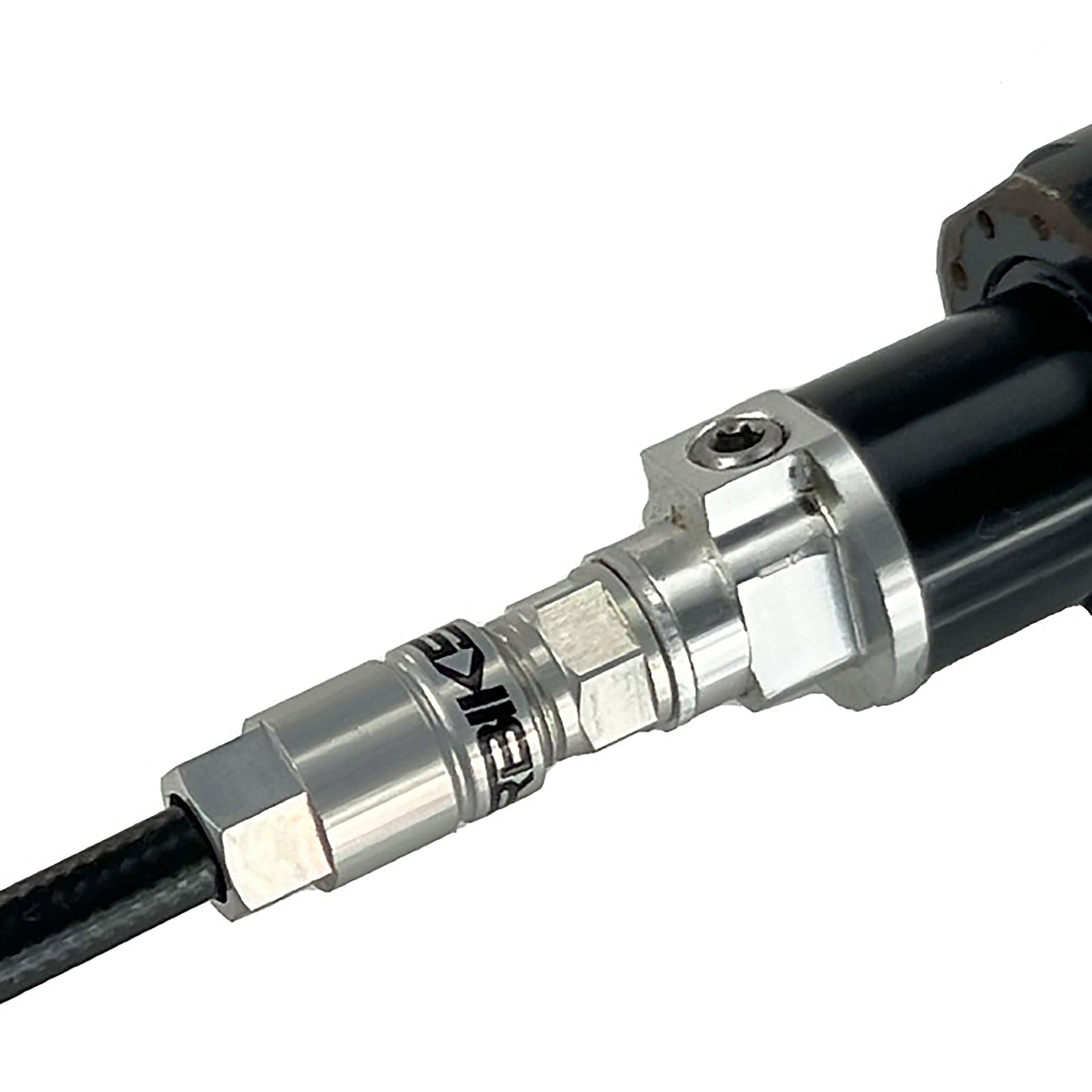 Close-up of a black reverb kit fitting to dropper post  on a white background