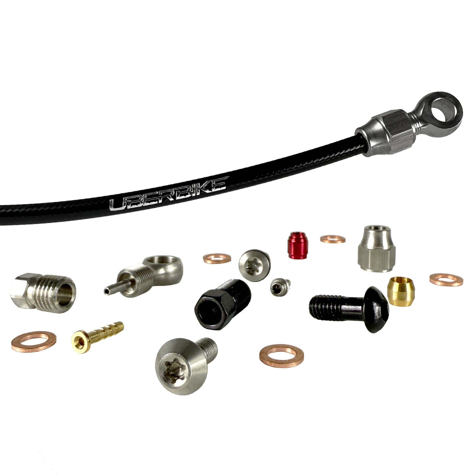 Black hydraulic brake hose and fittings on a white background