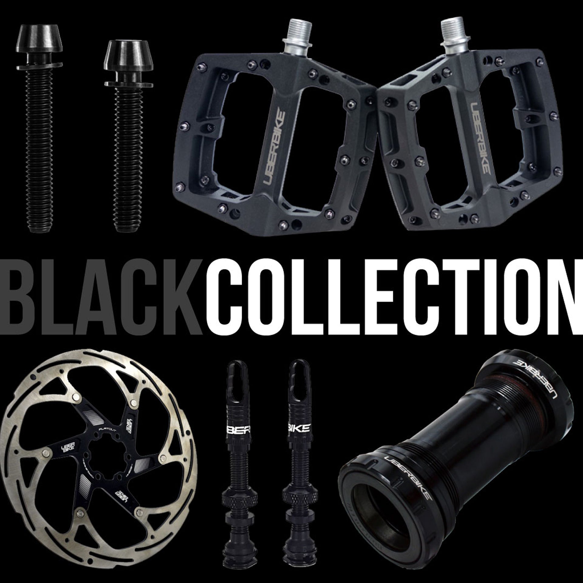 Black bike components with 'black Collection' text on a black background