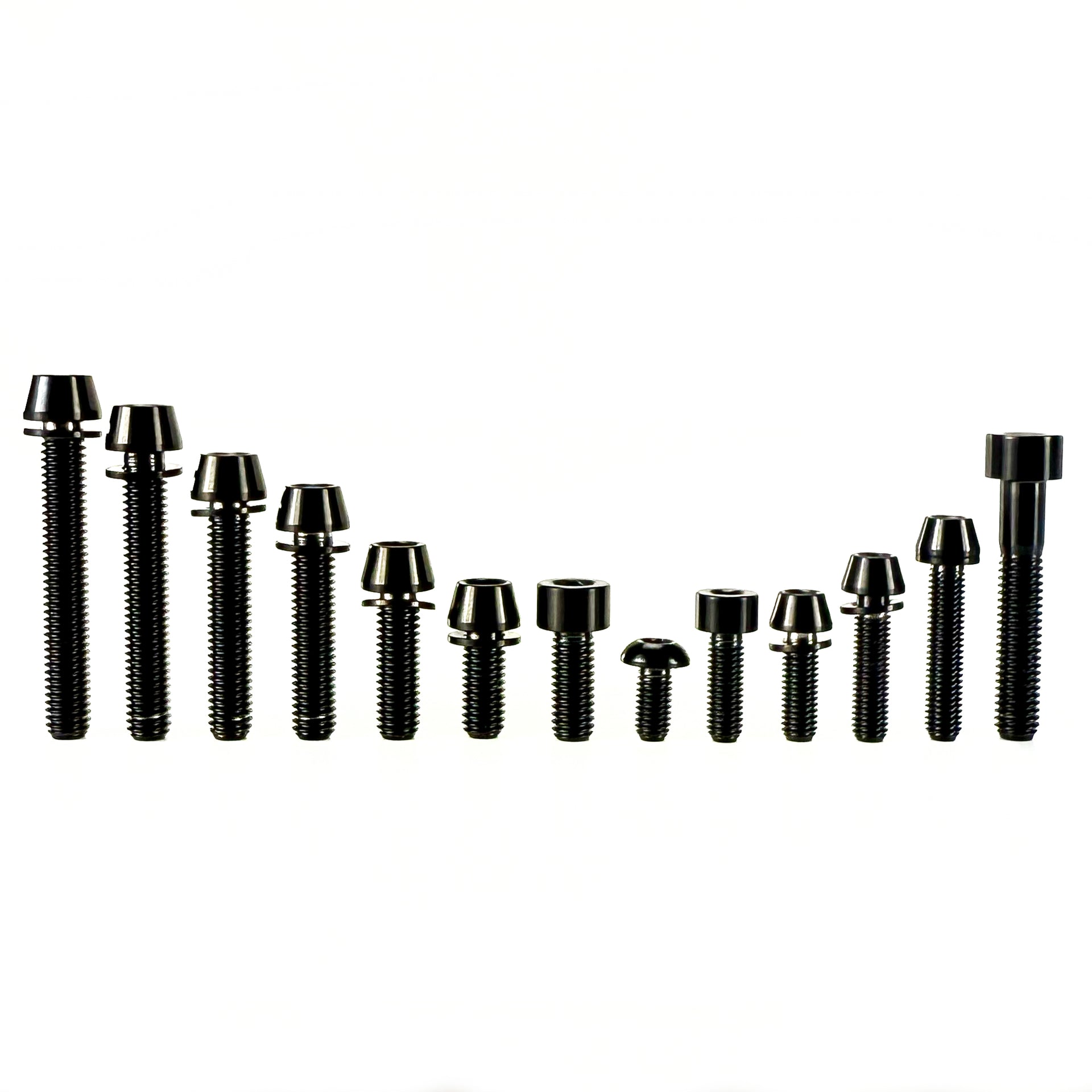 Various black titanium bolts on a white background