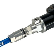 Close-up of a blue reverb kit fitting to dropper post  on a white background