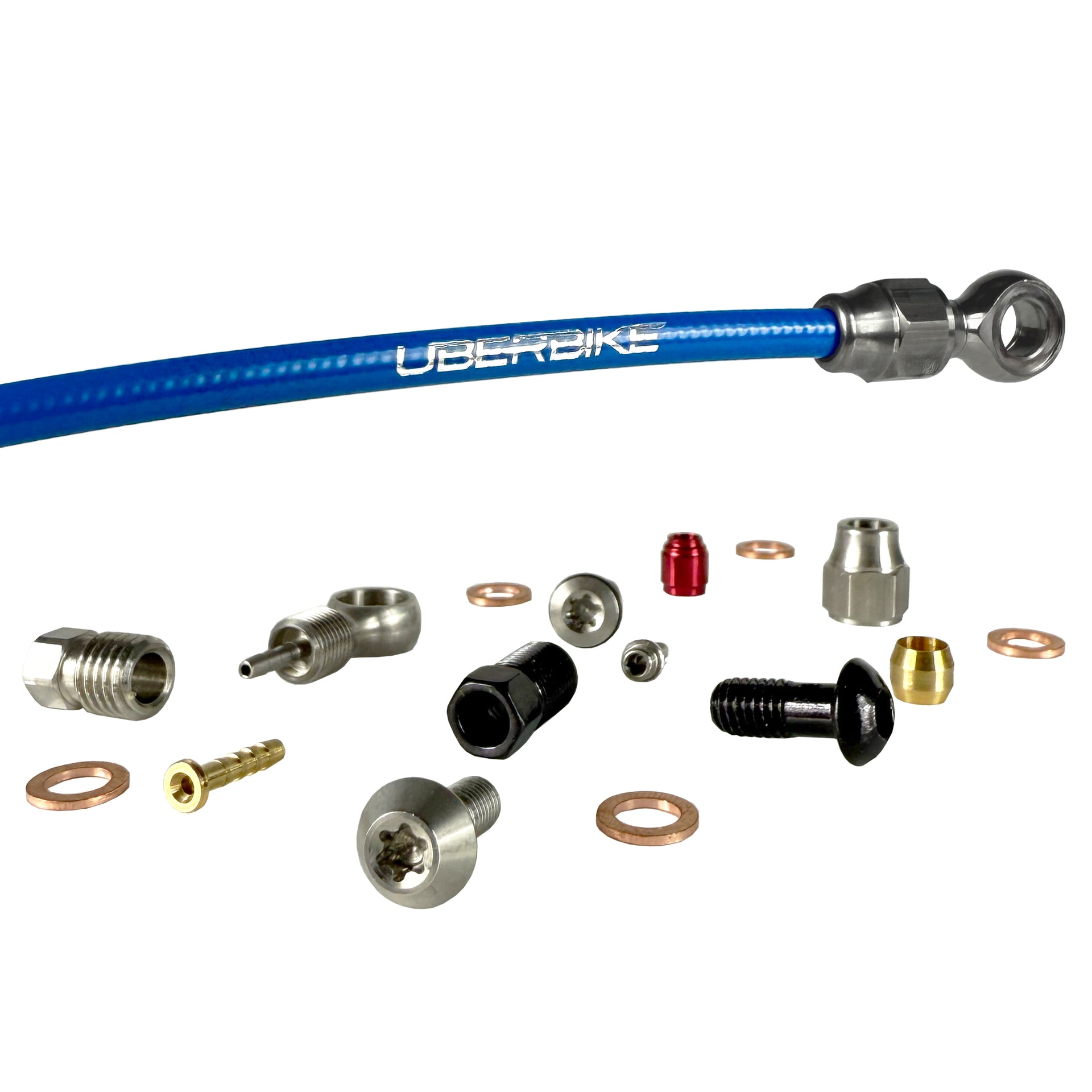 Blue hydraulic brake hose kit and fittings on a white background
