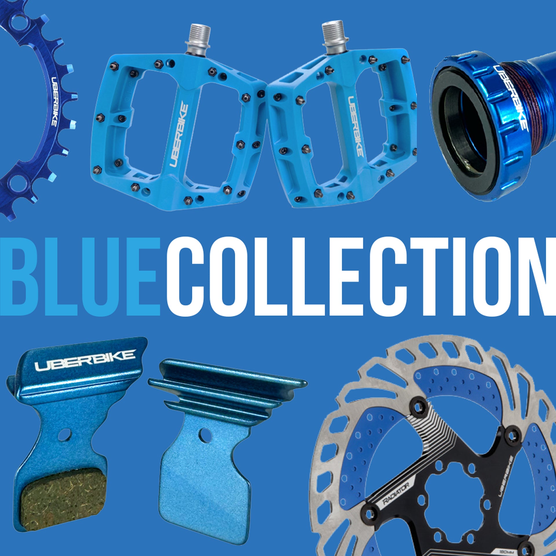 Collection of blue bike components with 'Uberbike' branding on a blue background.
