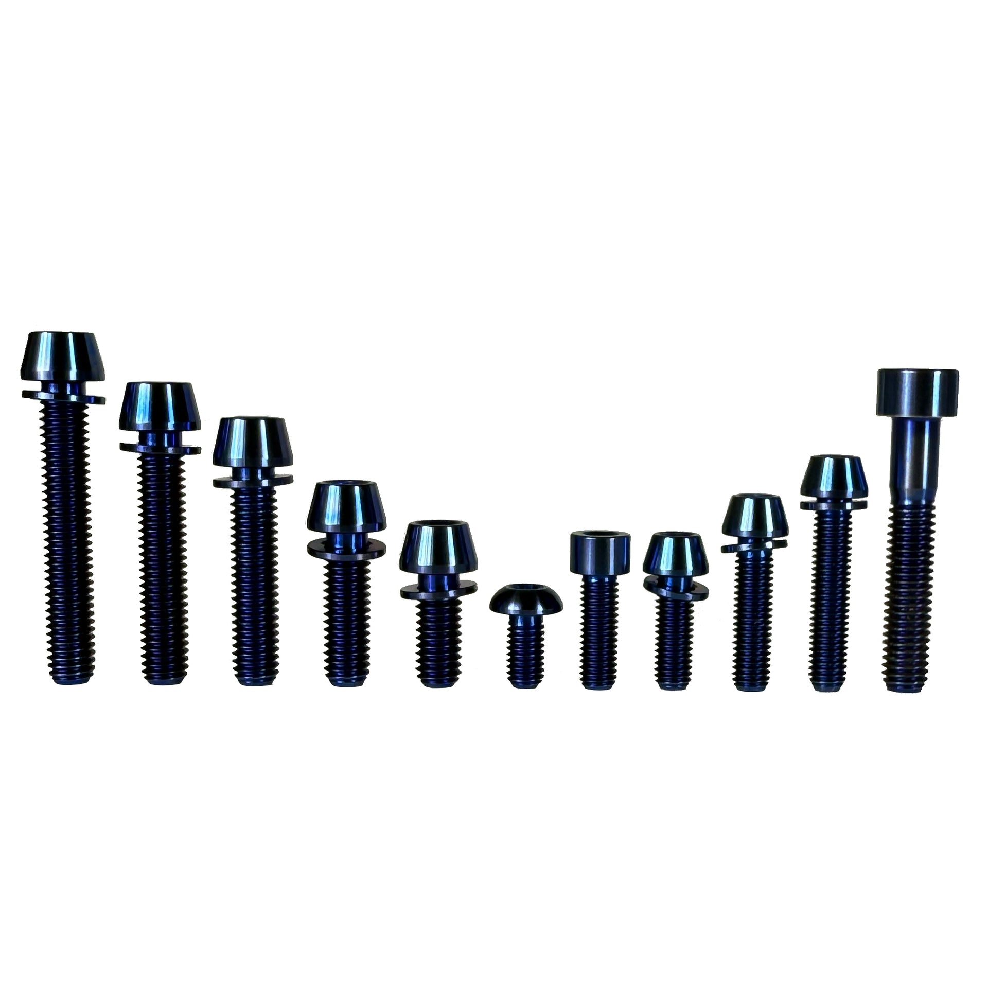 Set of blue Uberbike titanium bolts in different sizes