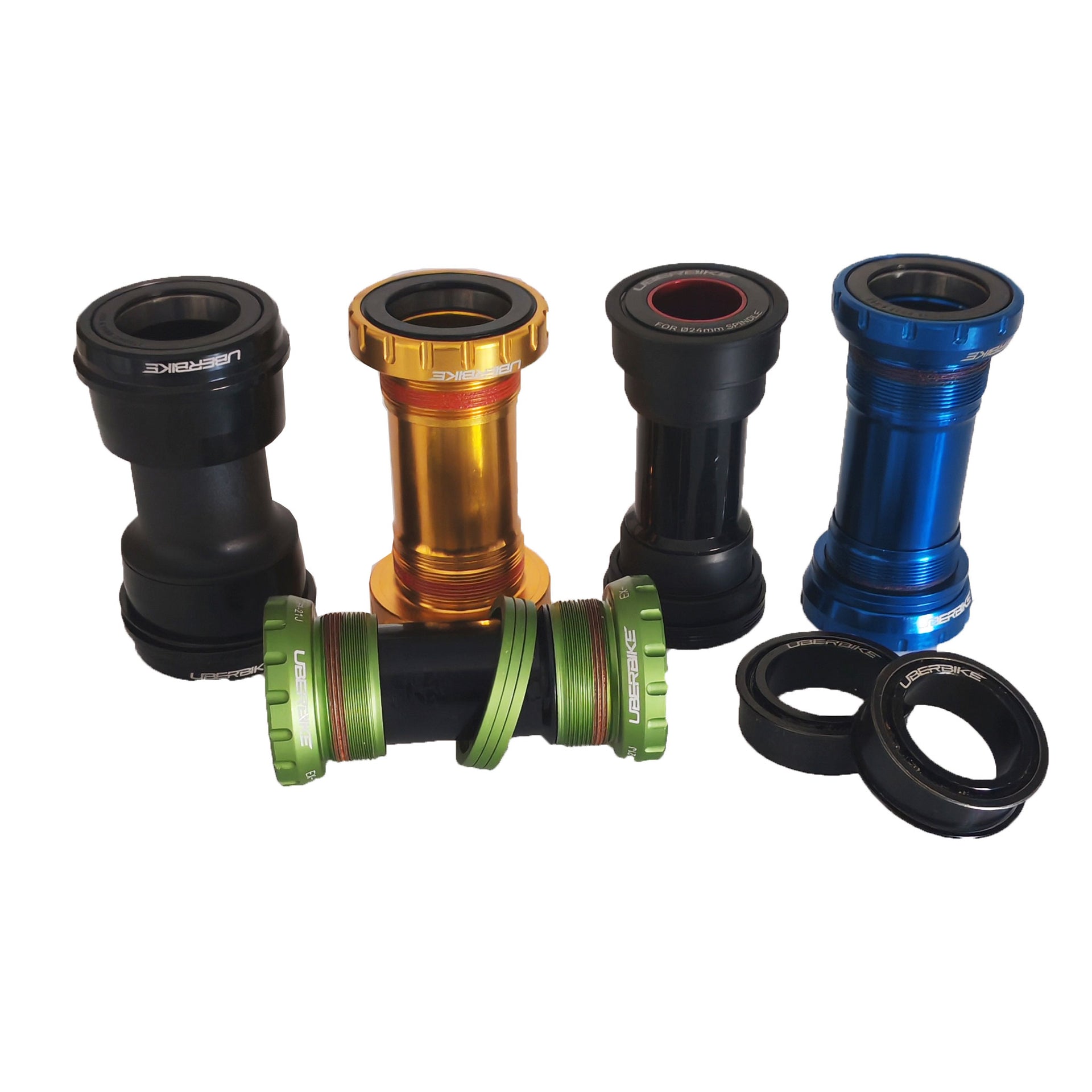 Variety of bicycle bottom brackets in various colors on a white background