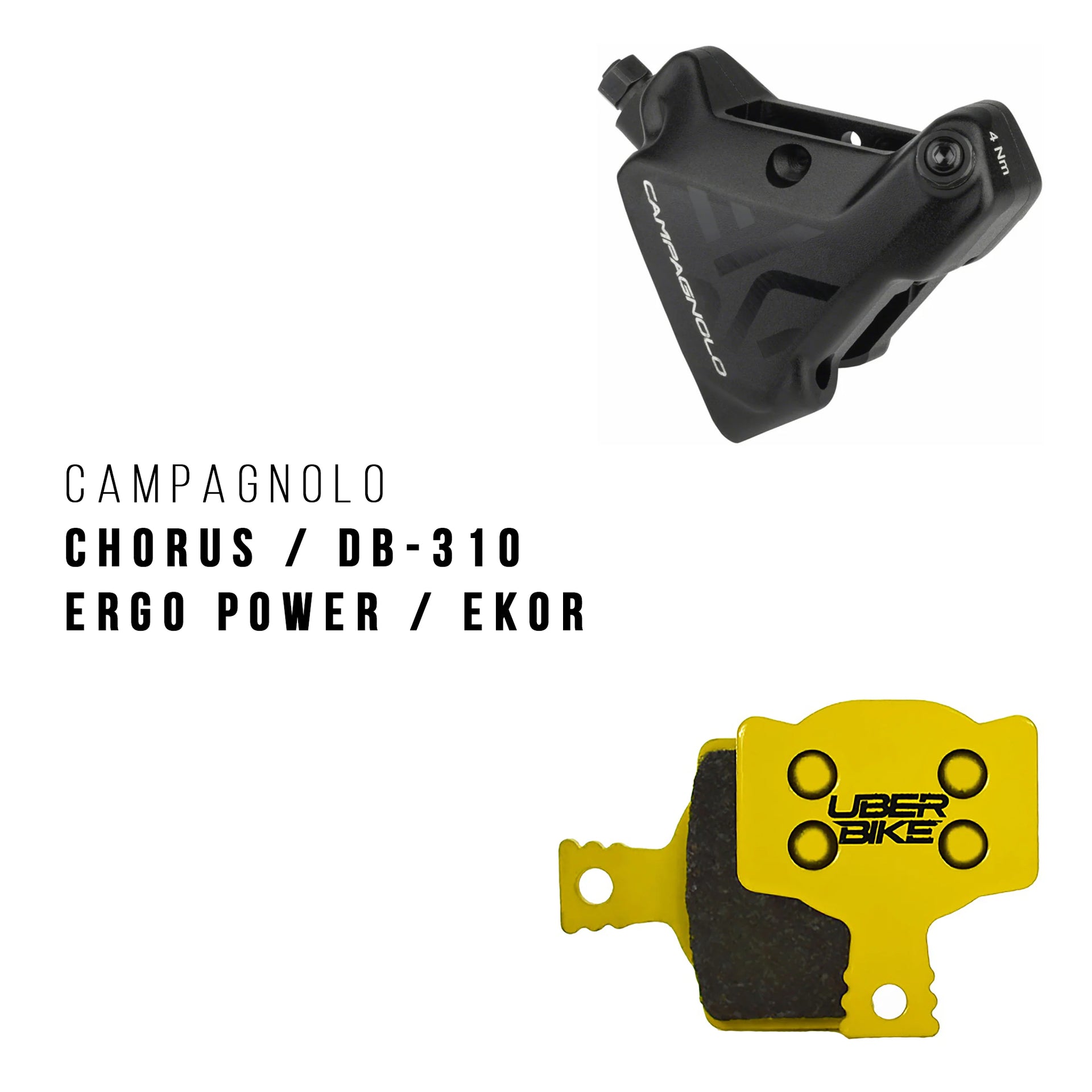 Campagnolo Chorus/DB-310 Ergo Power/Ekor brake caliper with UberBike branded yellow brake pad on a white background