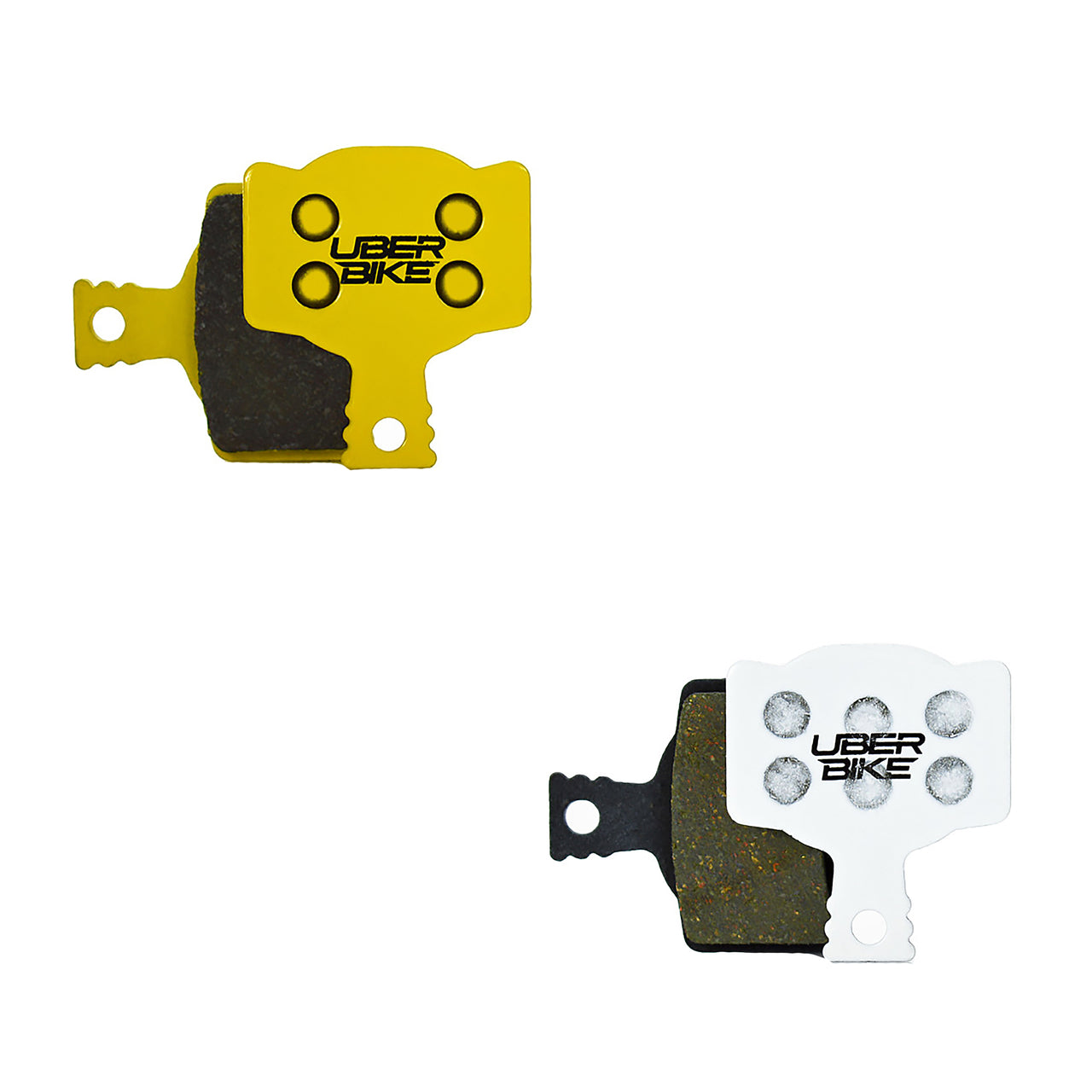 2 different coloured campagnolo db310 brake pads with uberbike branding on a white background