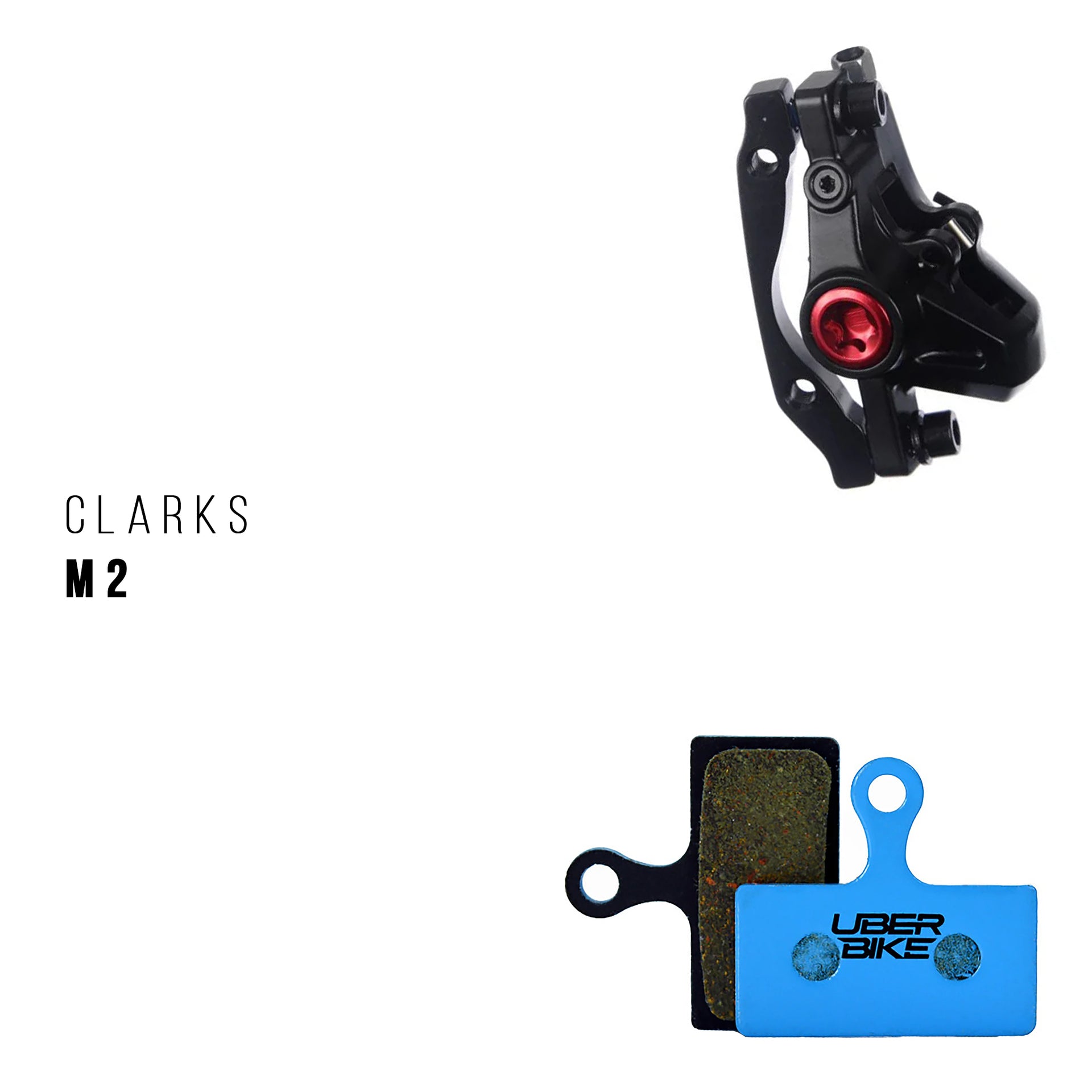 Clarks M2 brake caliper with Uberbike brake pads on a white background