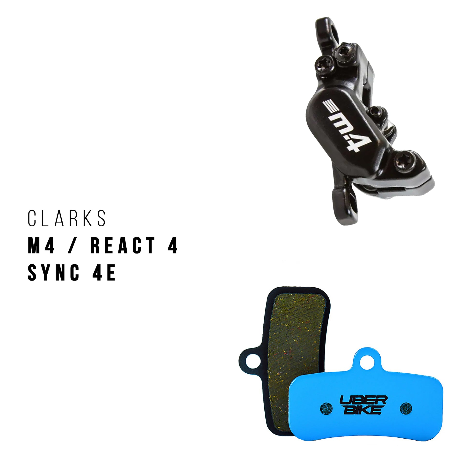 Clarks M4/React 4 Sync 4E brake caliper with uberbike pads on a white background