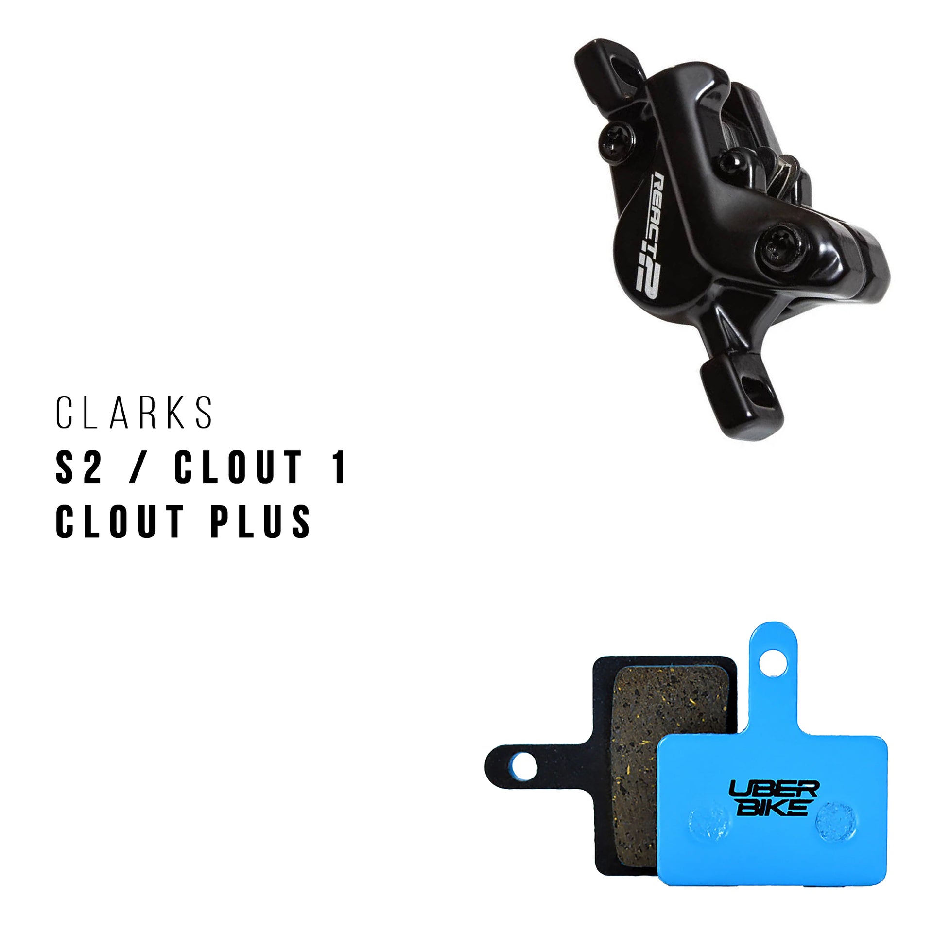 Bicycle brake components including a Clarks s2 caliper with uberbike brake pads on a white background