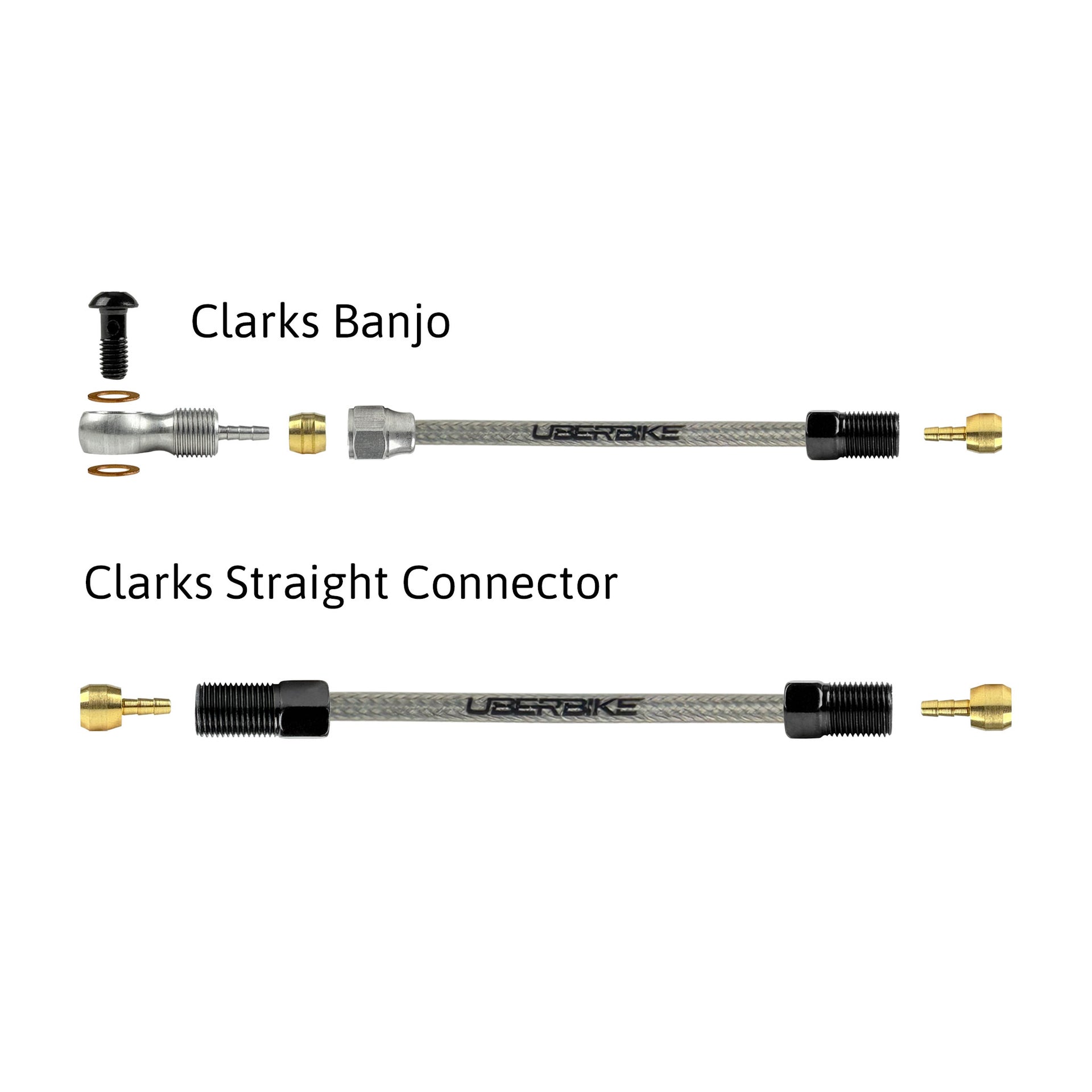 a diagram showing all the brake fittings for clarks stainless braid hydraulic brake hose kits on a white background