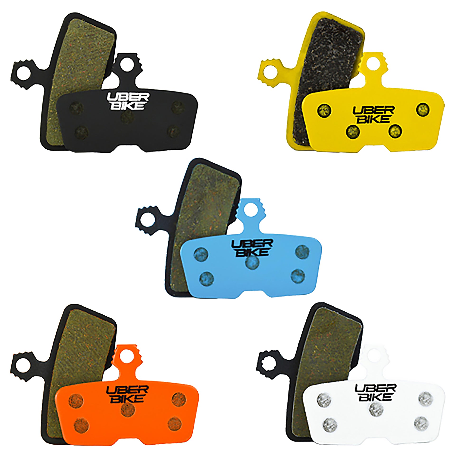 Set of Uberbike brake pads in various colors on a white background.