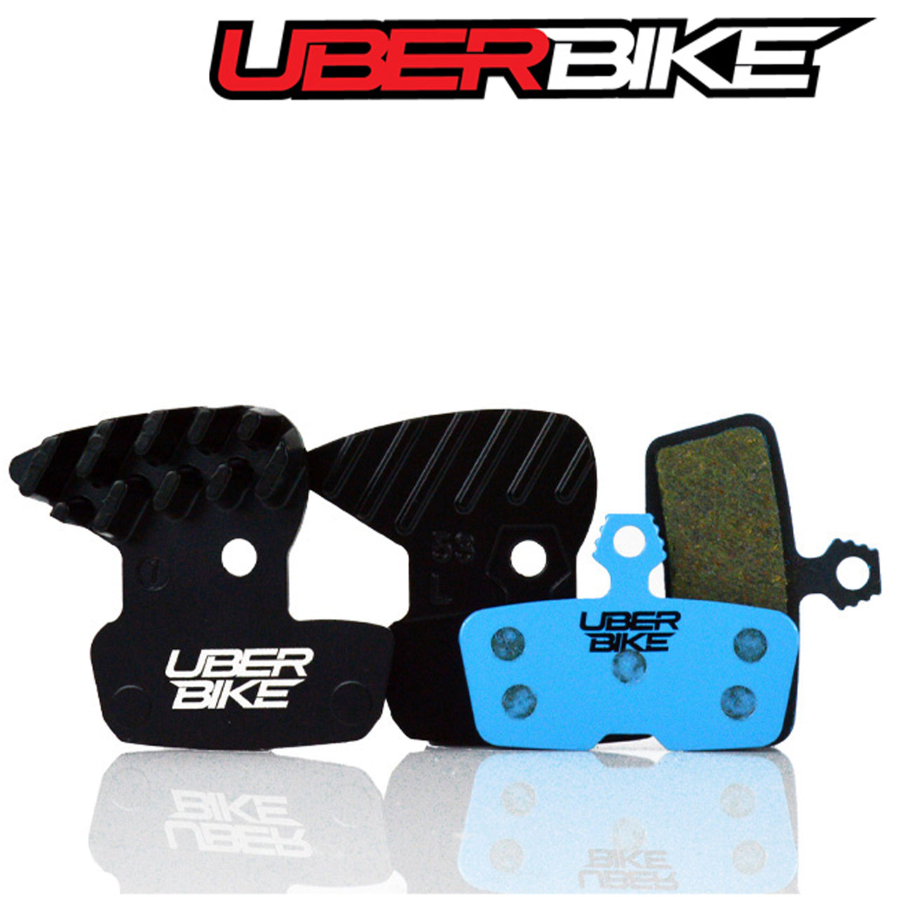 Finned Uberbike brake pads with Uberbike branding on a white background.