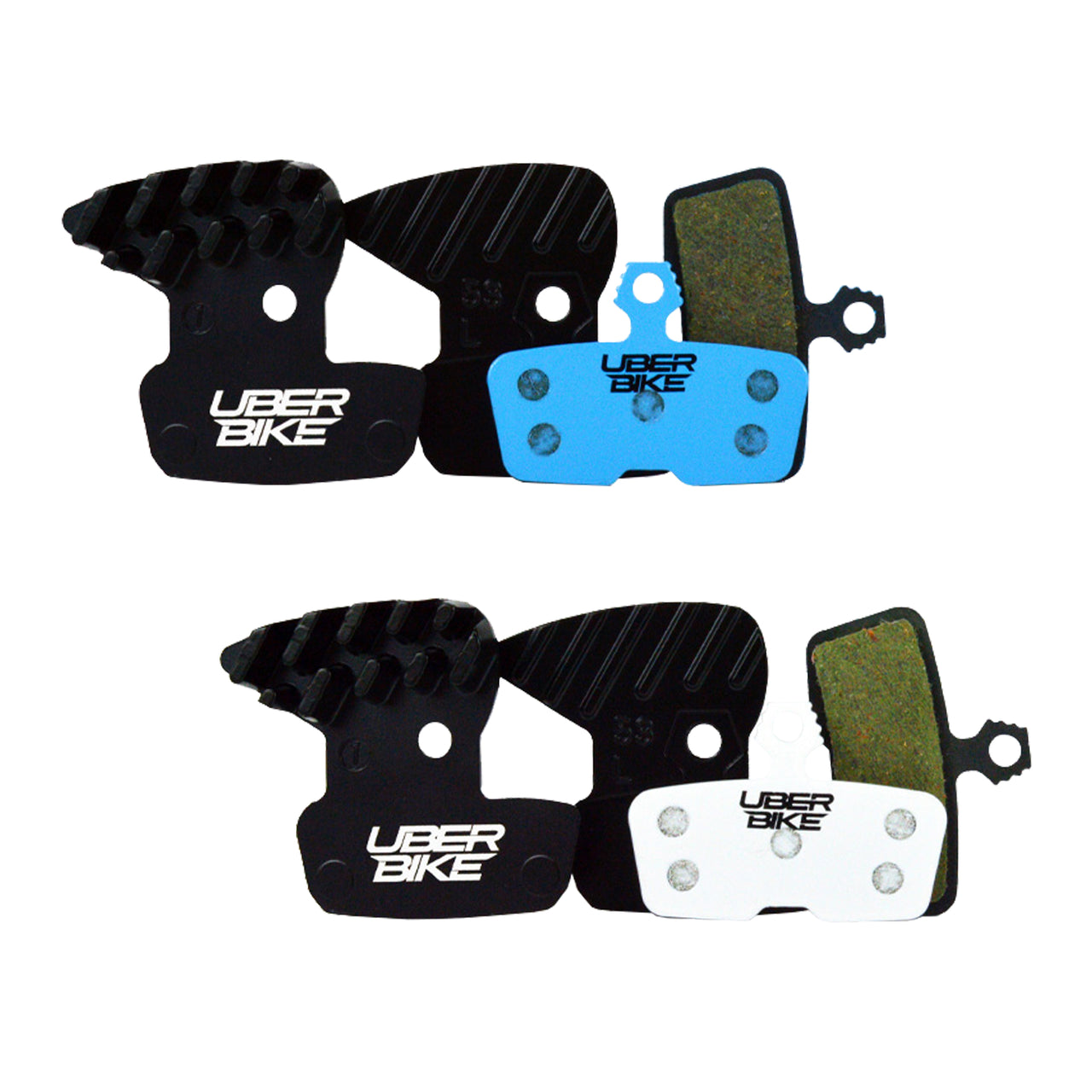 Finned Uberbike brake pads with Uberbike branding on a white background.
