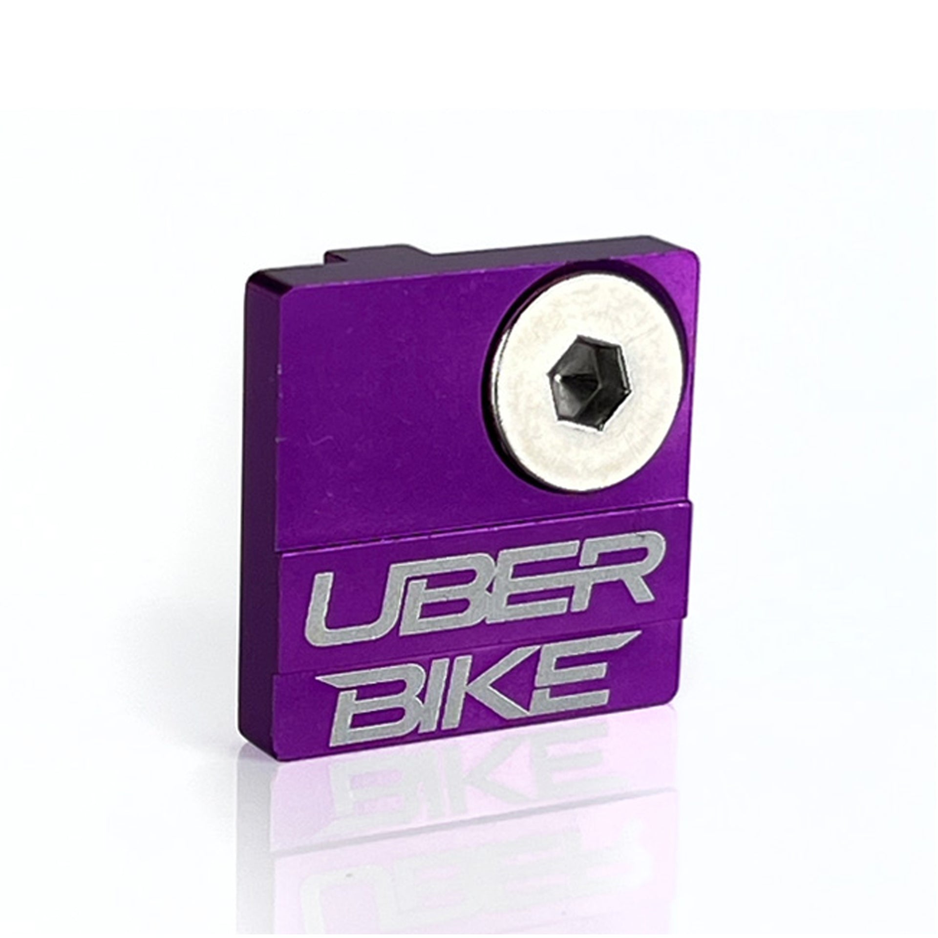direct mount derailleur cover in purple with Uberbike branding on a white background