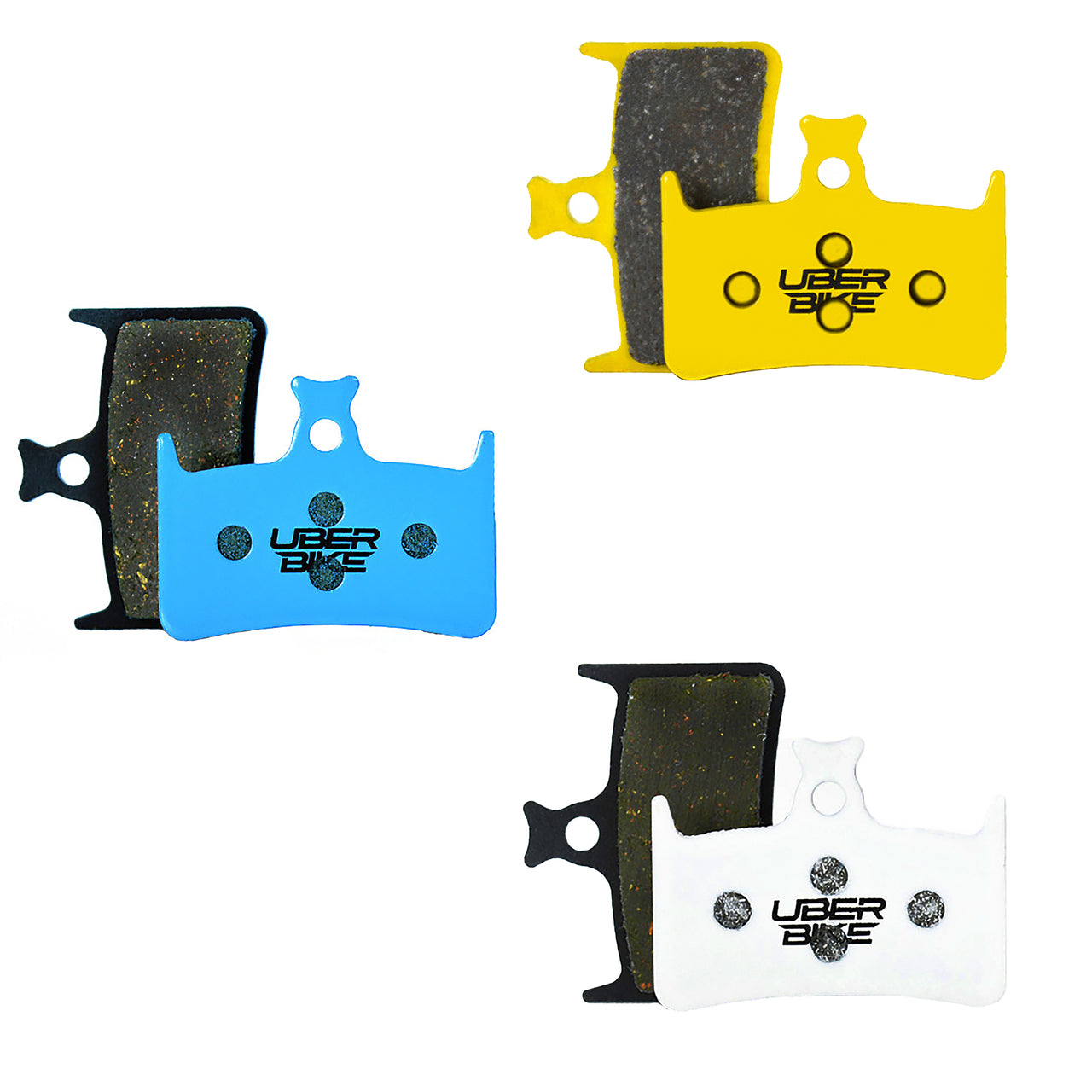 Hope disc brake pads, showing 3 compounds with Uberbike branding 