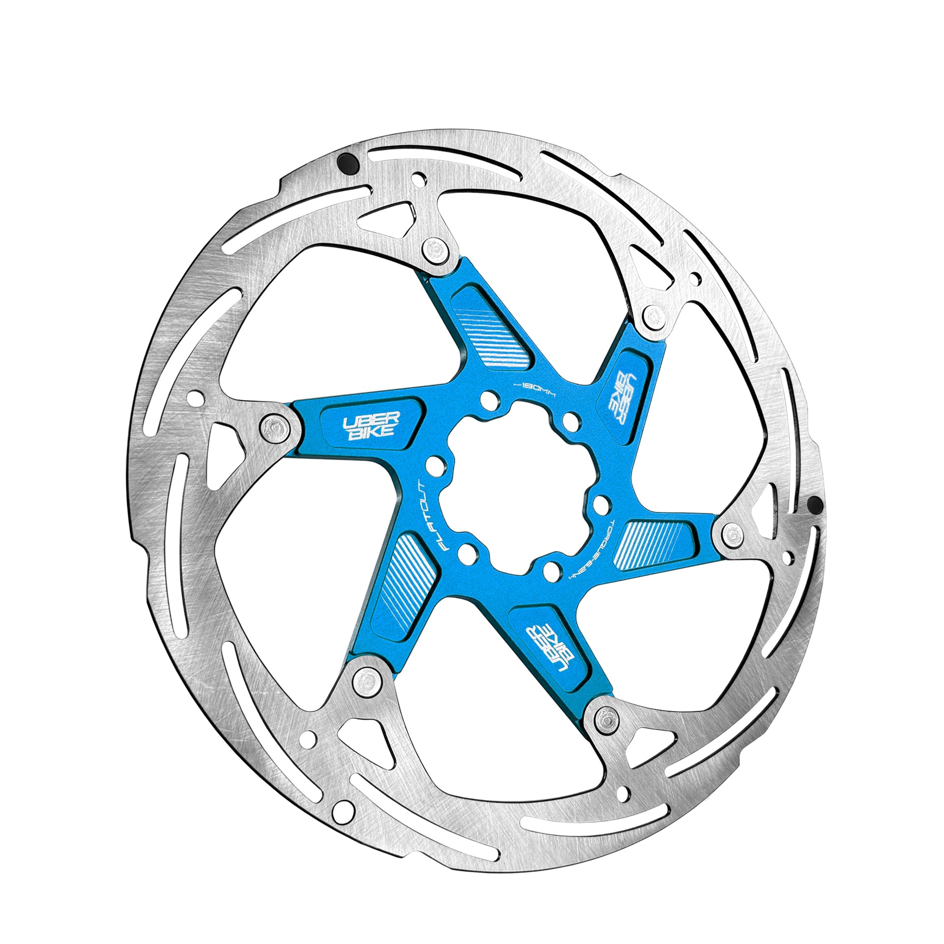 Blue 180mm disc brake rotor with Uberbike branding on a white background