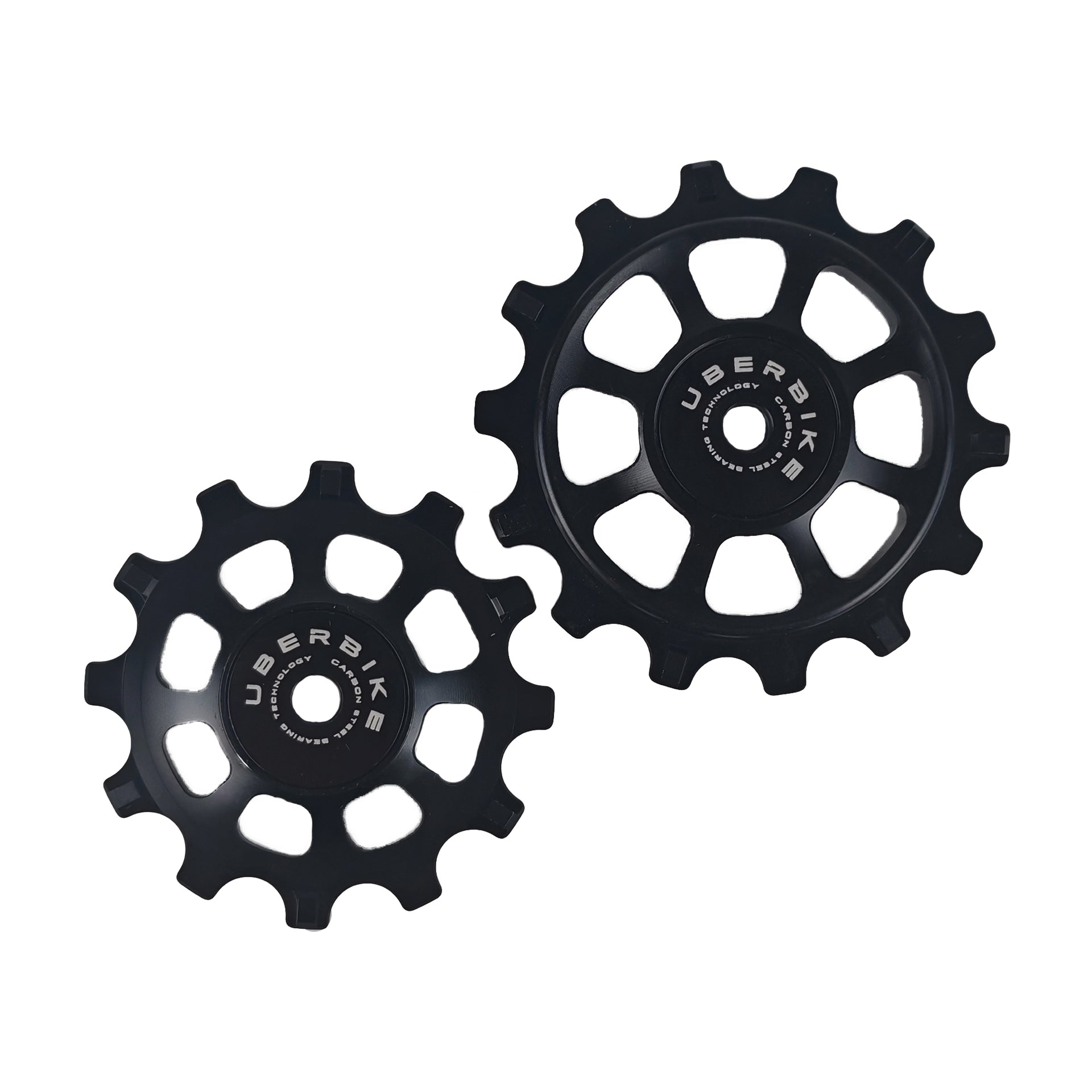 one black steel 12 tooth and one 14 tooth jockey wheel on a white background