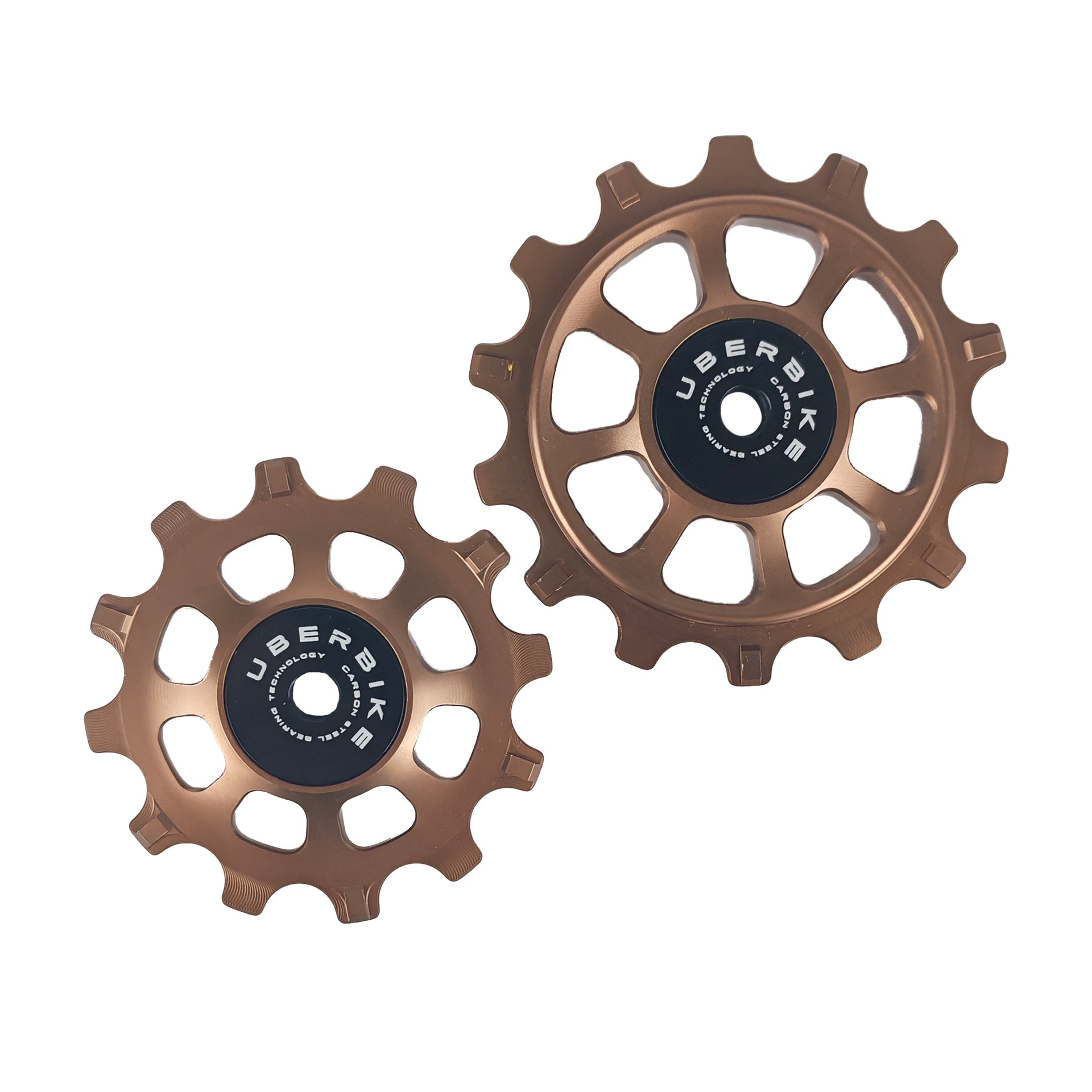 one bronze stel 12 tooth and one 14 tooth jockey wheel on a white background