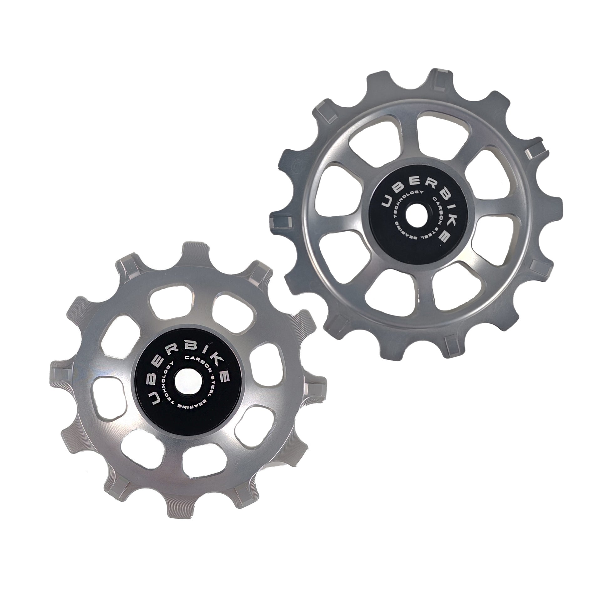 12 tooth / 14 tooth jockey wheels wwith 'Uberbike' branding on a white background