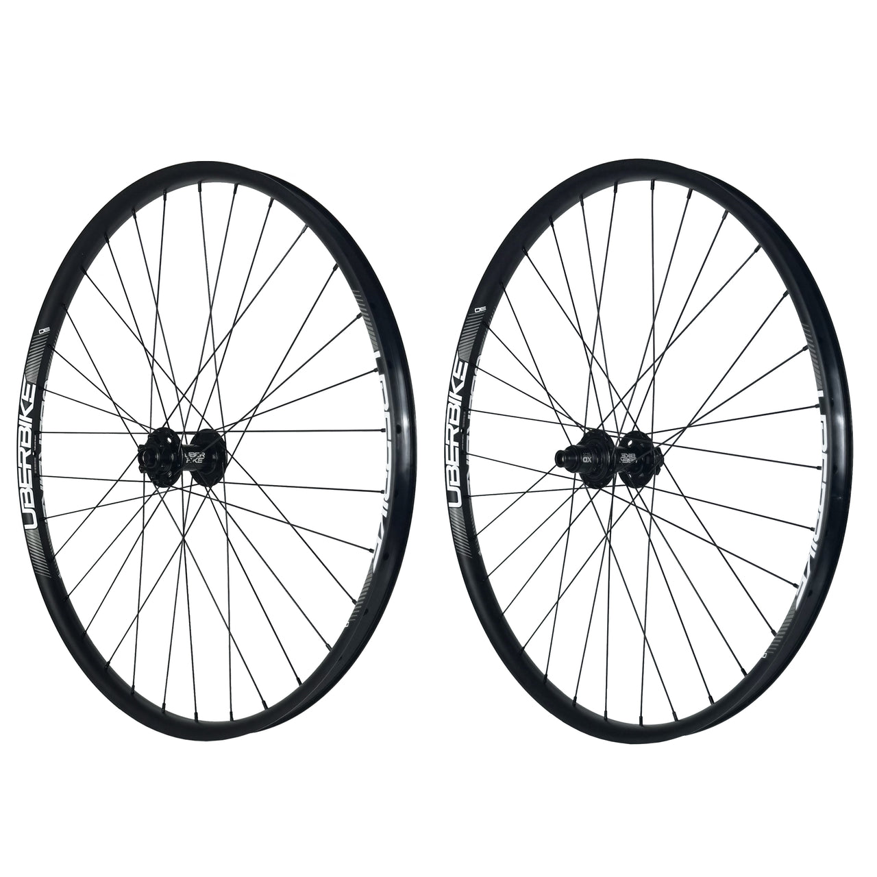 Two wheels of 30mm width with 27.5inch diameter with Uberbike branding on a white background