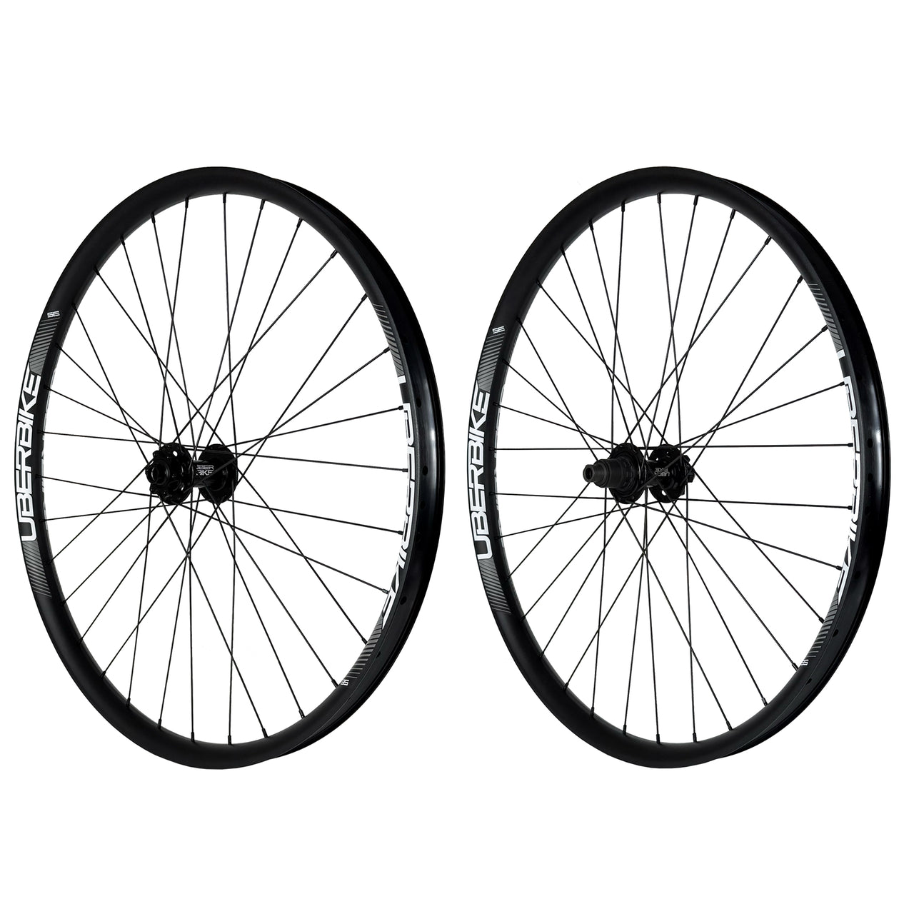 Two 35mm diameter, 29 inch mtb wheels for electric bicycles with Uberbike branding