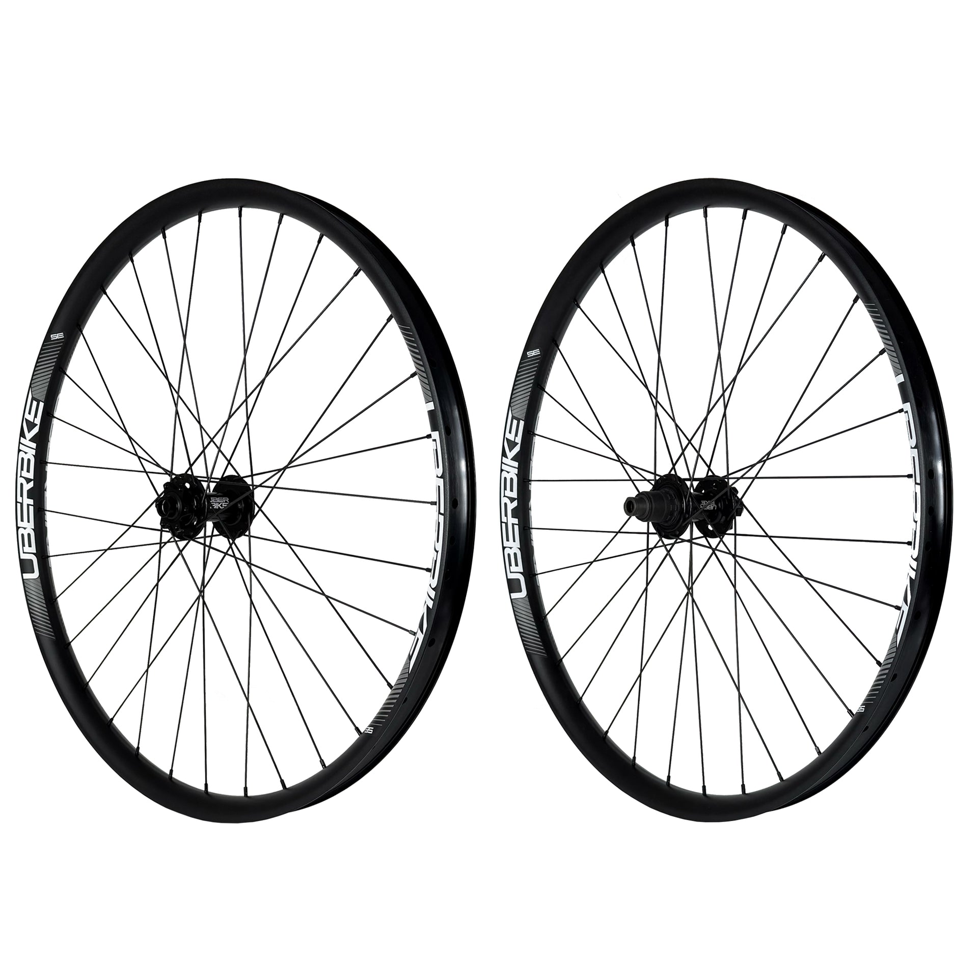 Two enduro 35 diameter 27.5 inch electric bicycle wheels with Uberbike branding on a white background