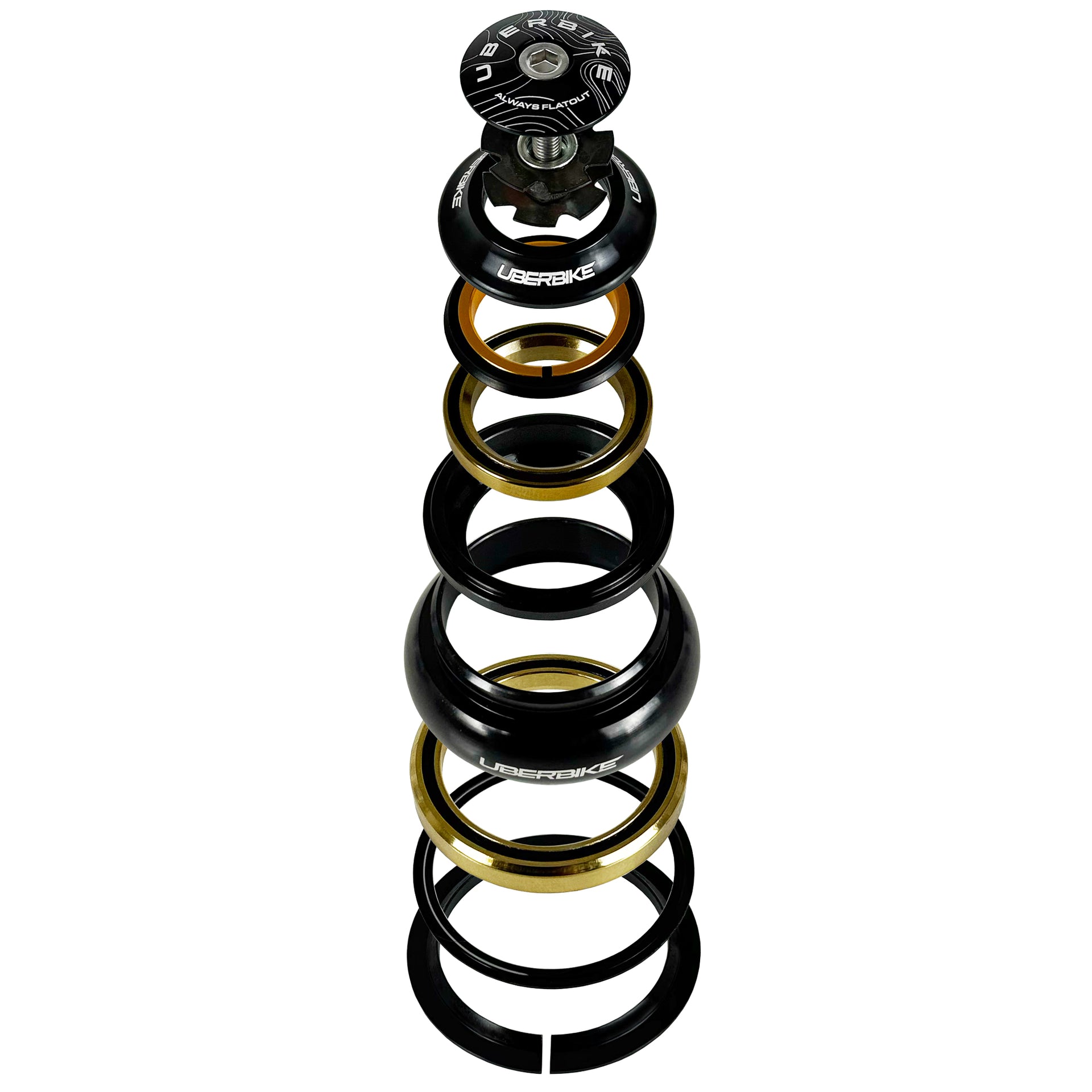 a stack of components for an external cup headset with Uberbike branding on a white background