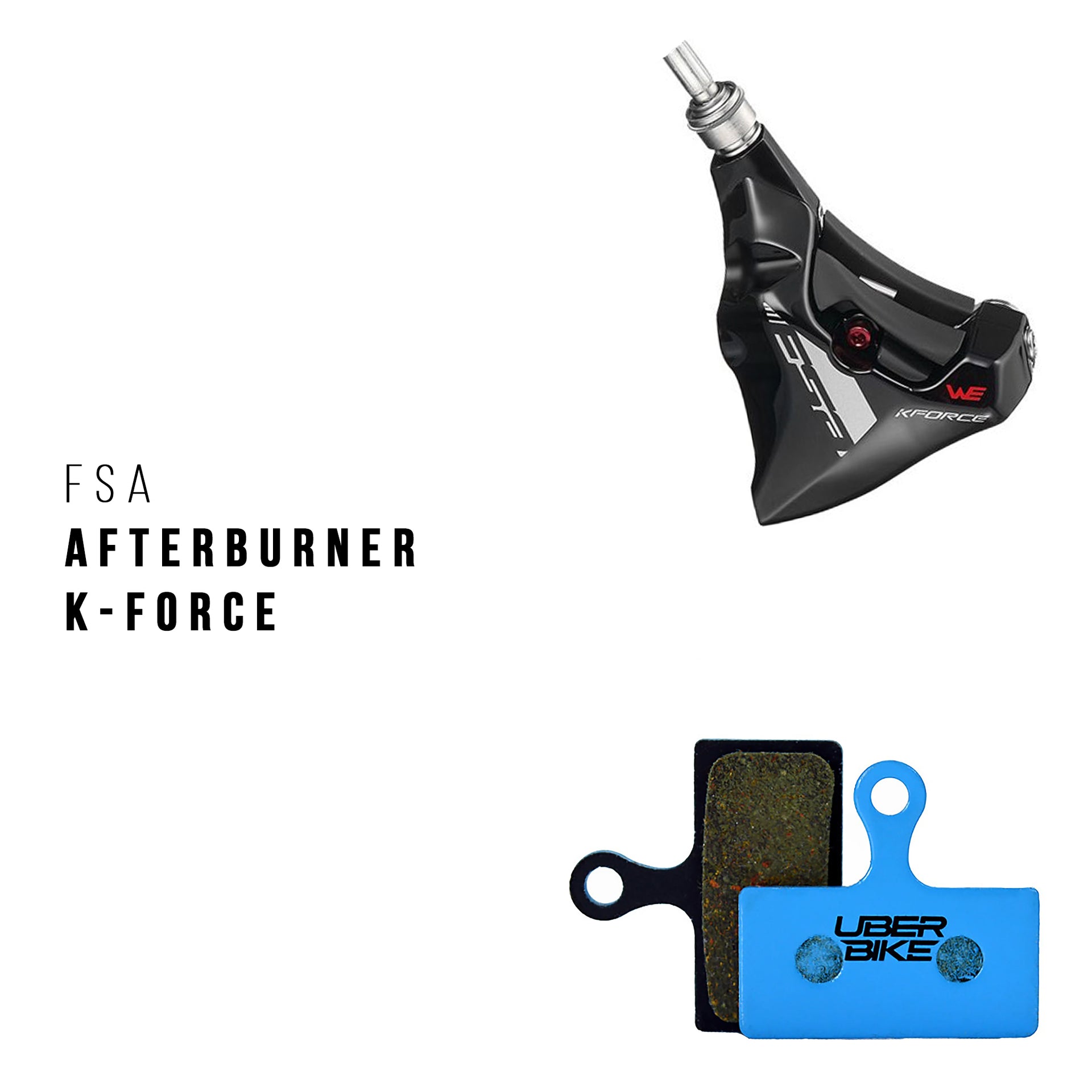 FSA Afterburner / K-Force brake caliper and Uber Bike brake pads on a white background