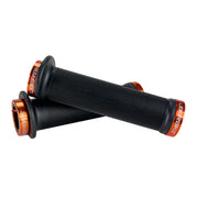 Mountain bike black flange grip with orange lock rings on a white background