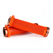 Mountain bike orange flange grip with orange lock rings on a white background