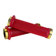 Mountain bike red flange grip with gold lock rings on a white background