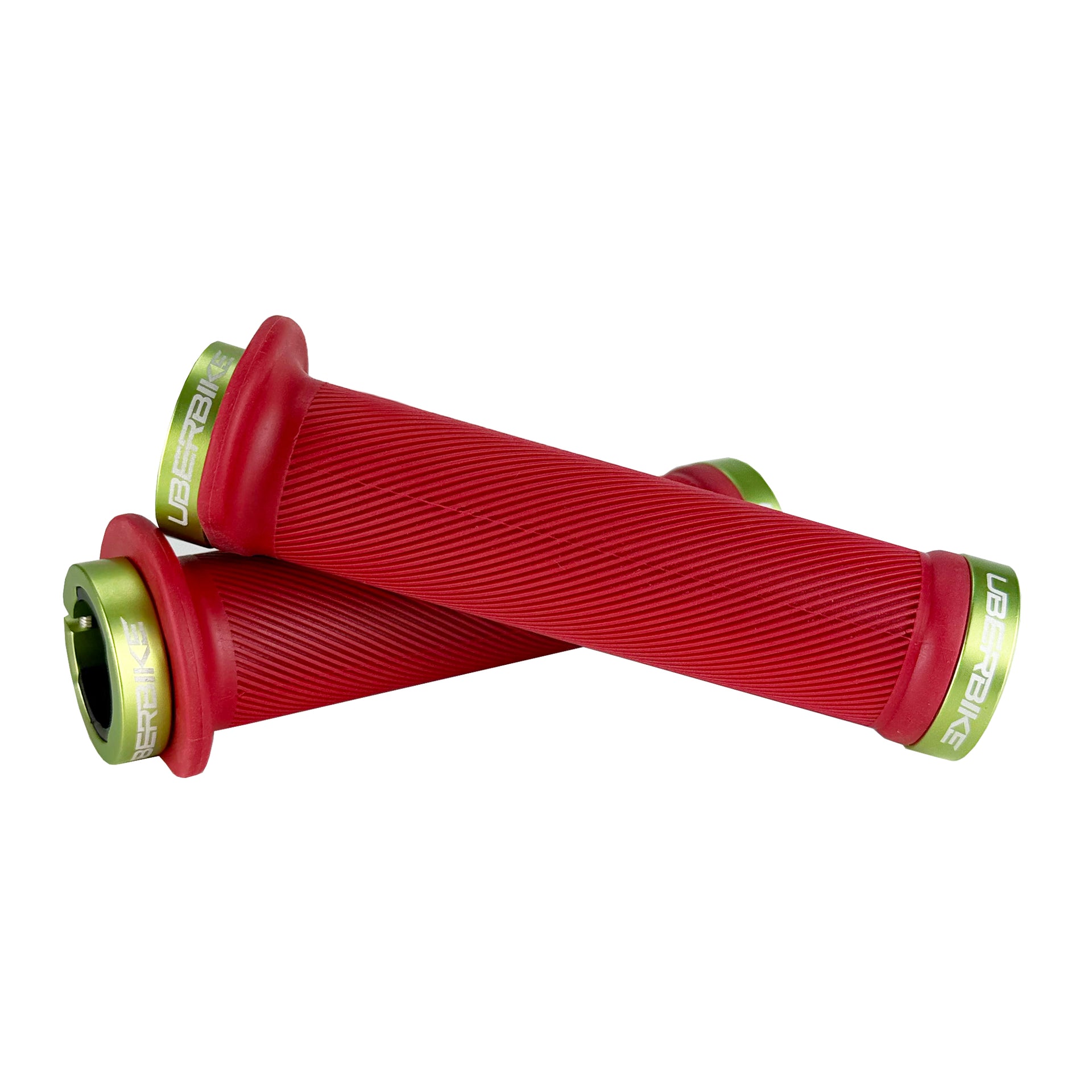Mountain bike red flange grip with green lock rings on a white background