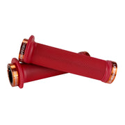Mountain bike red flange grip with orange lock rings on a white background