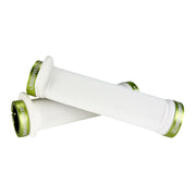 Mountain bike white flange grip with green lock rings on a white background